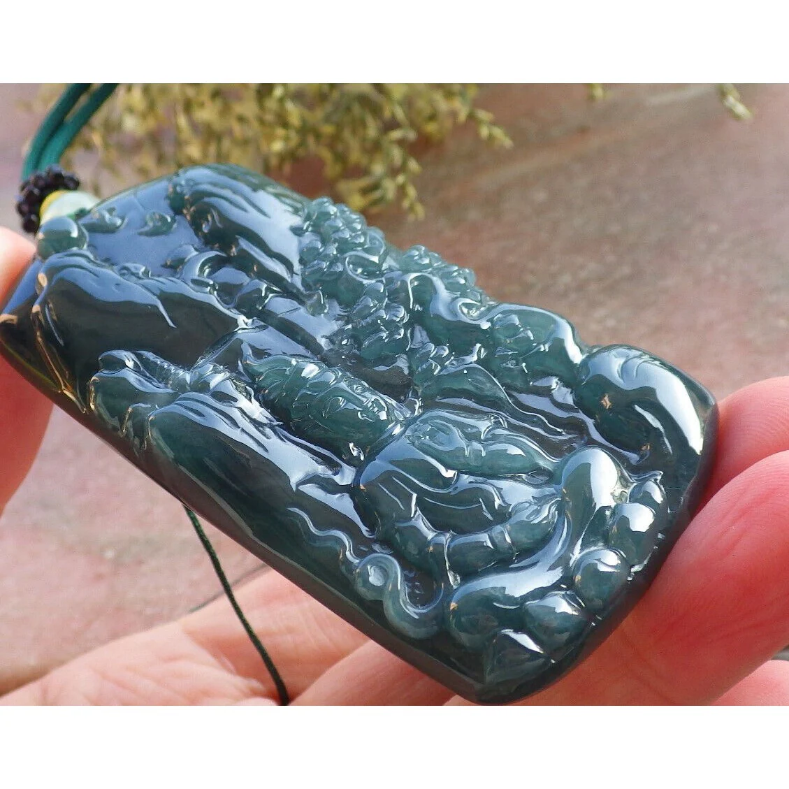 Certified Burma Natural A Jade Jadeite Landscape Painting Tree Guanyin Kwan Yin Necklace - Image 4