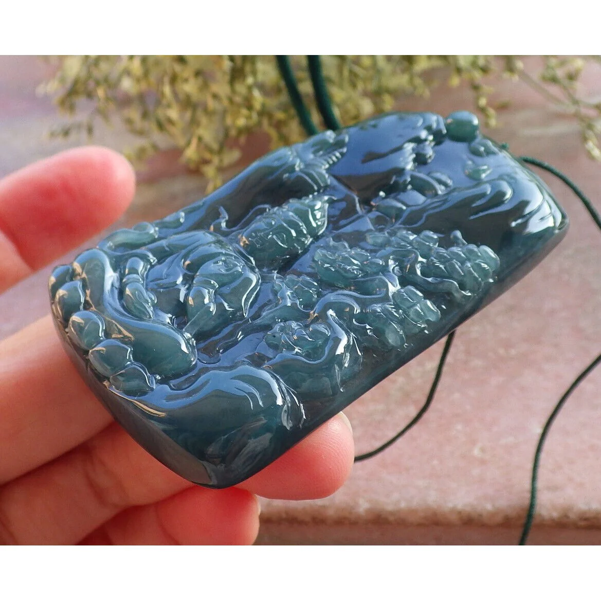Certified Burma Natural A Jade Jadeite Landscape Painting Tree Guanyin Kwan Yin Necklace - Image 5