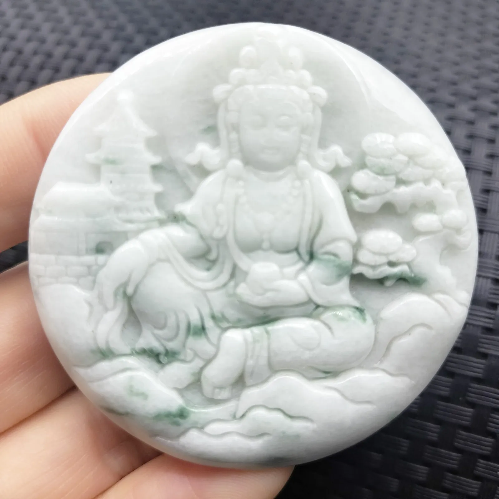 Certified Floral Green Natural A Jadeite Carved Guanyin Kwan Yin God Pendant - Image 2
