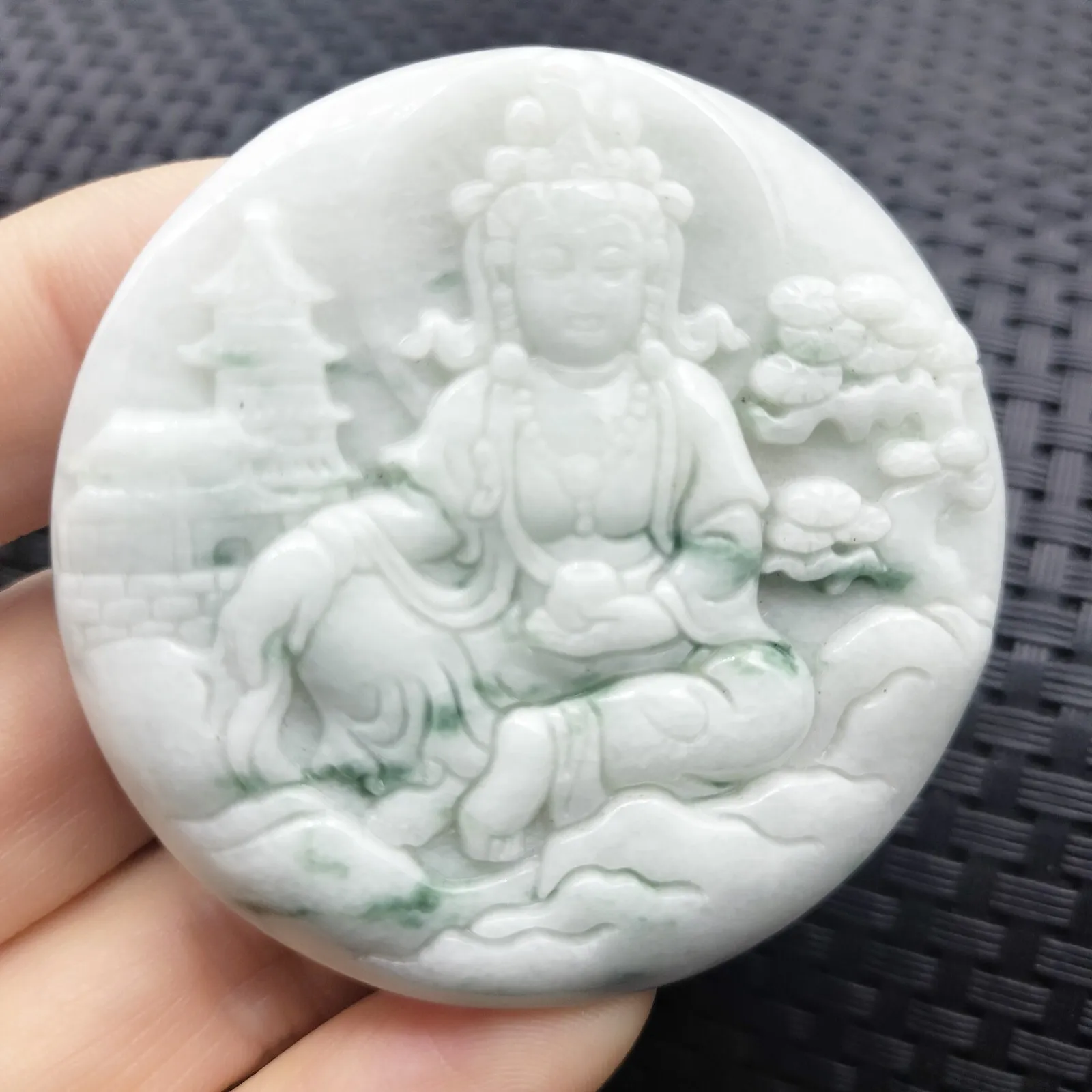 Certified Floral Green Natural A Jadeite Carved Guanyin Kwan Yin God Pendant - Image 3