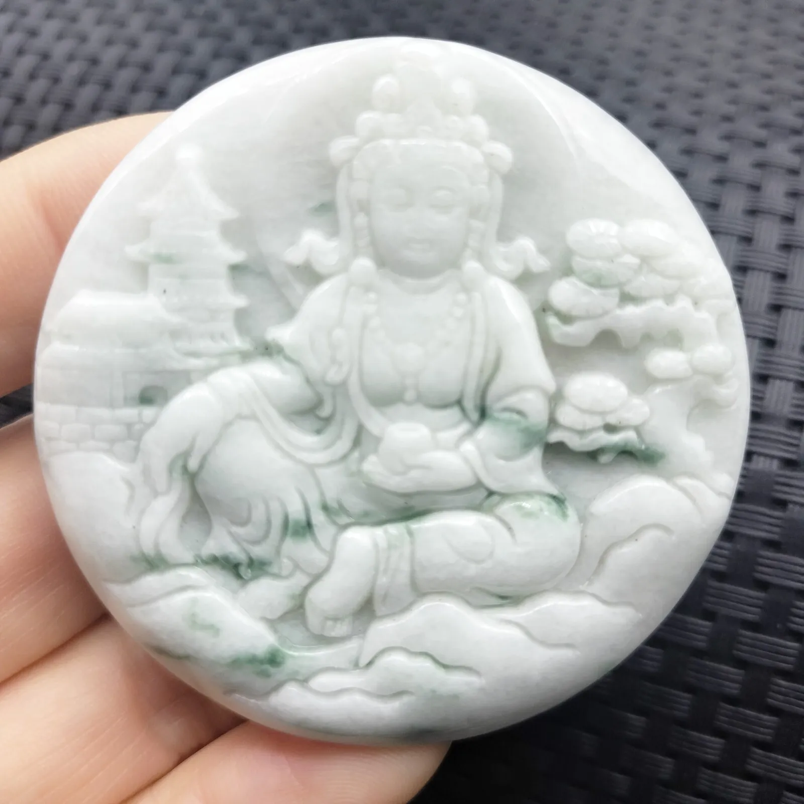 Certified Floral Green Natural A Jadeite Carved Guanyin Kwan Yin God Pendant - Image 4