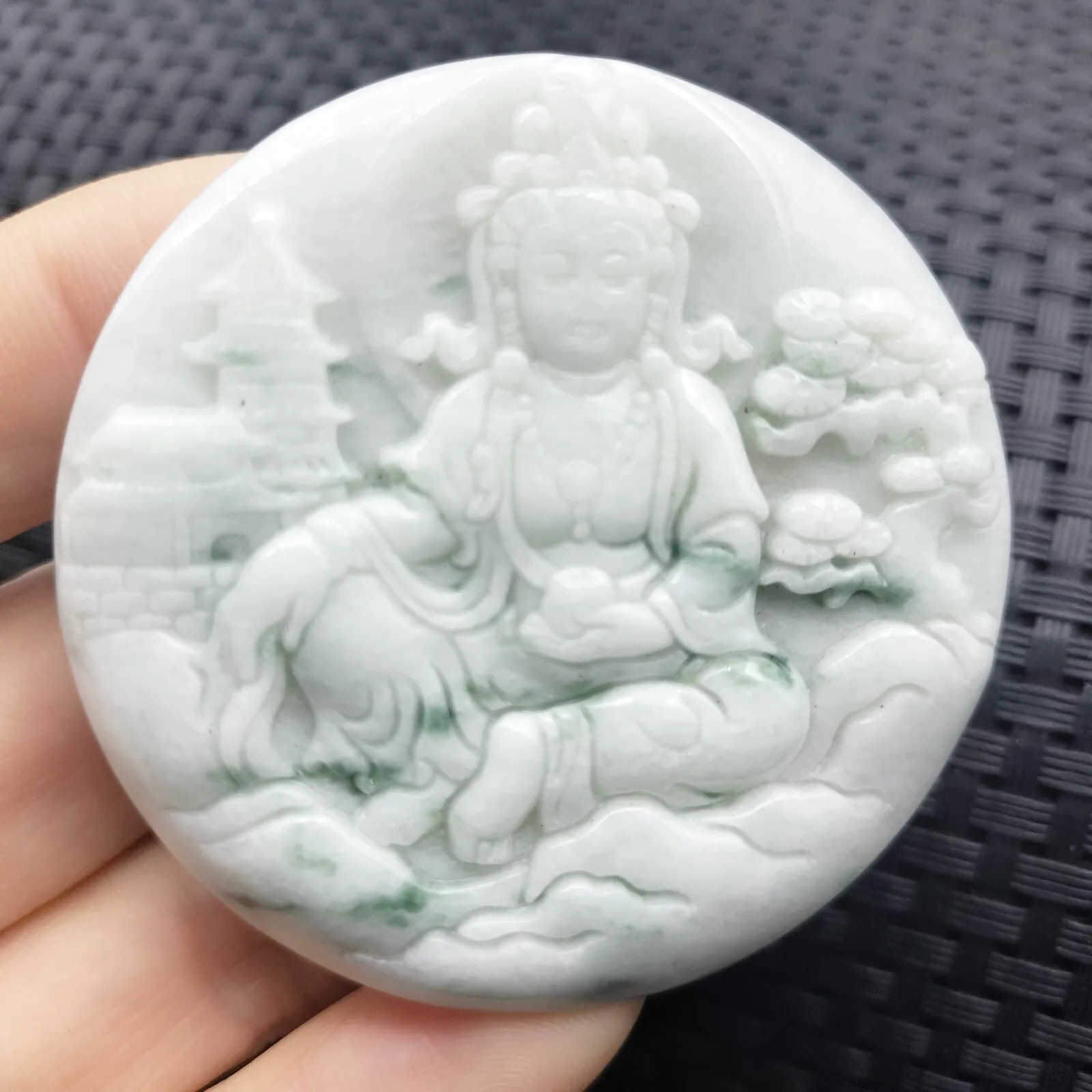 Certified Floral Green Natural A Jadeite Carved Guanyin Kwan Yin God Pendant - Image 5