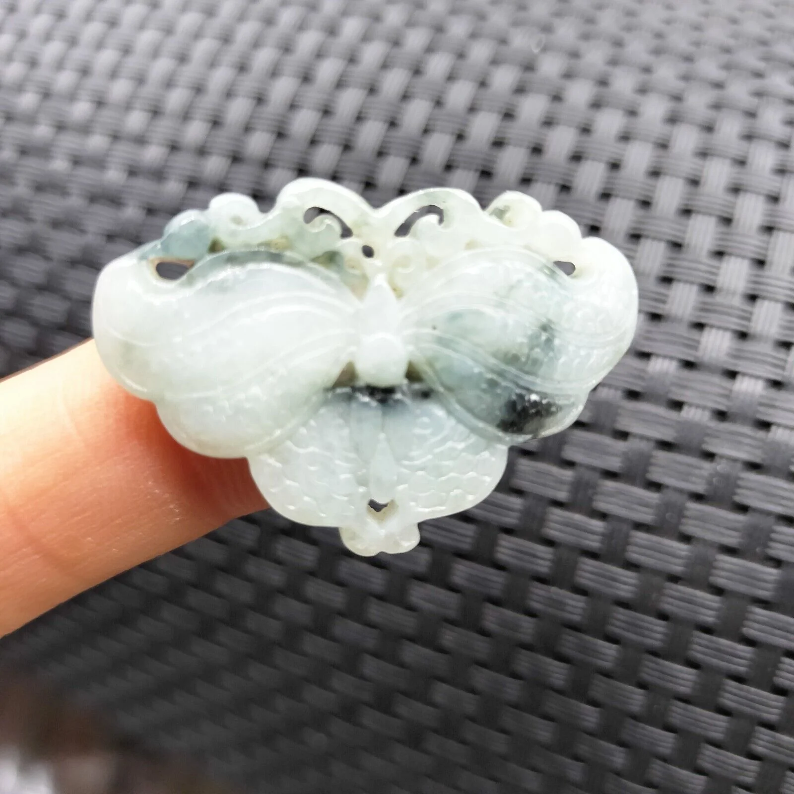 Certified Floral Green Natural Type A Jade Jadeite Carved Butterfly Pendant - Image 2