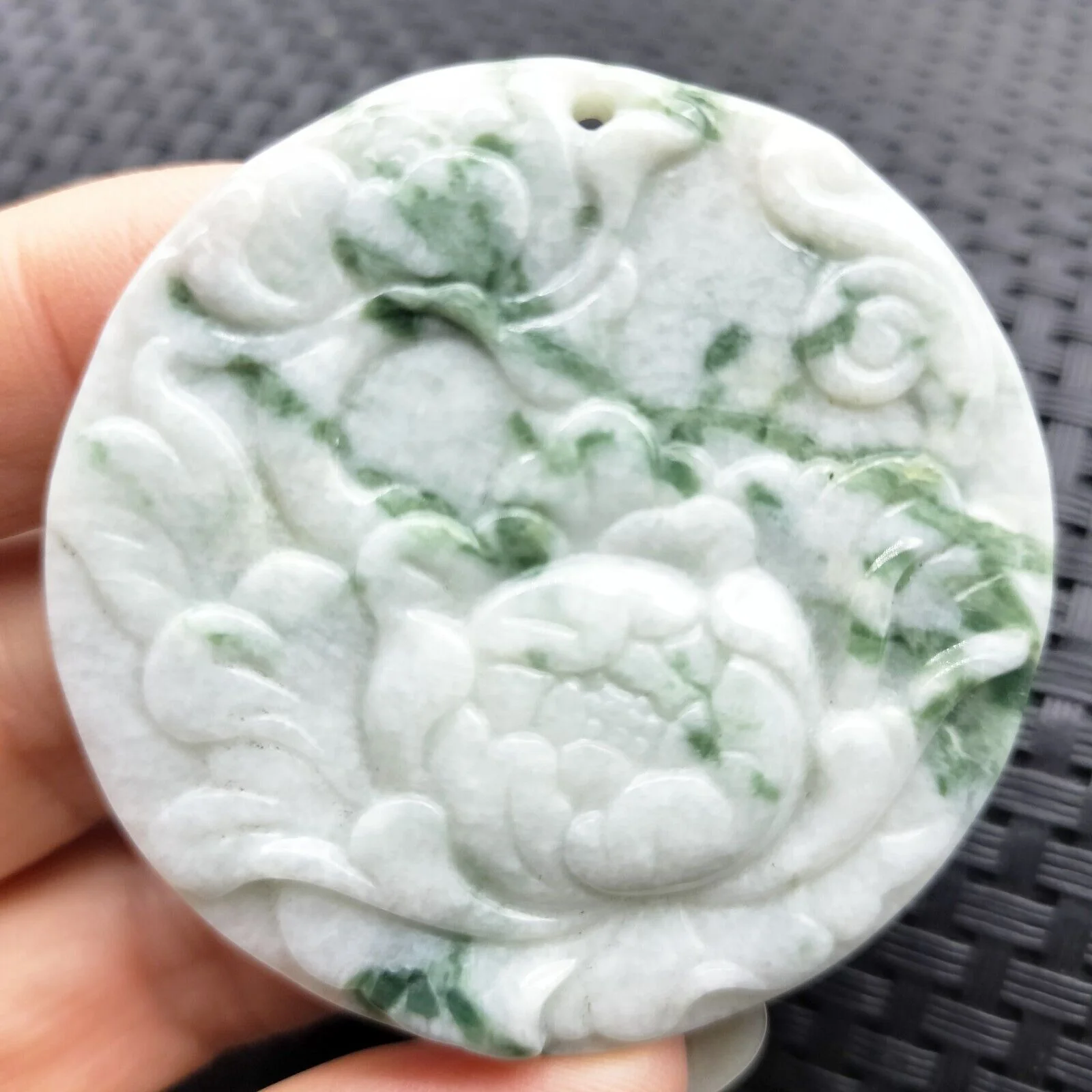Certified Floral Green Natural Type A Jade Jadeite Carved Flower Pendant - Image 2