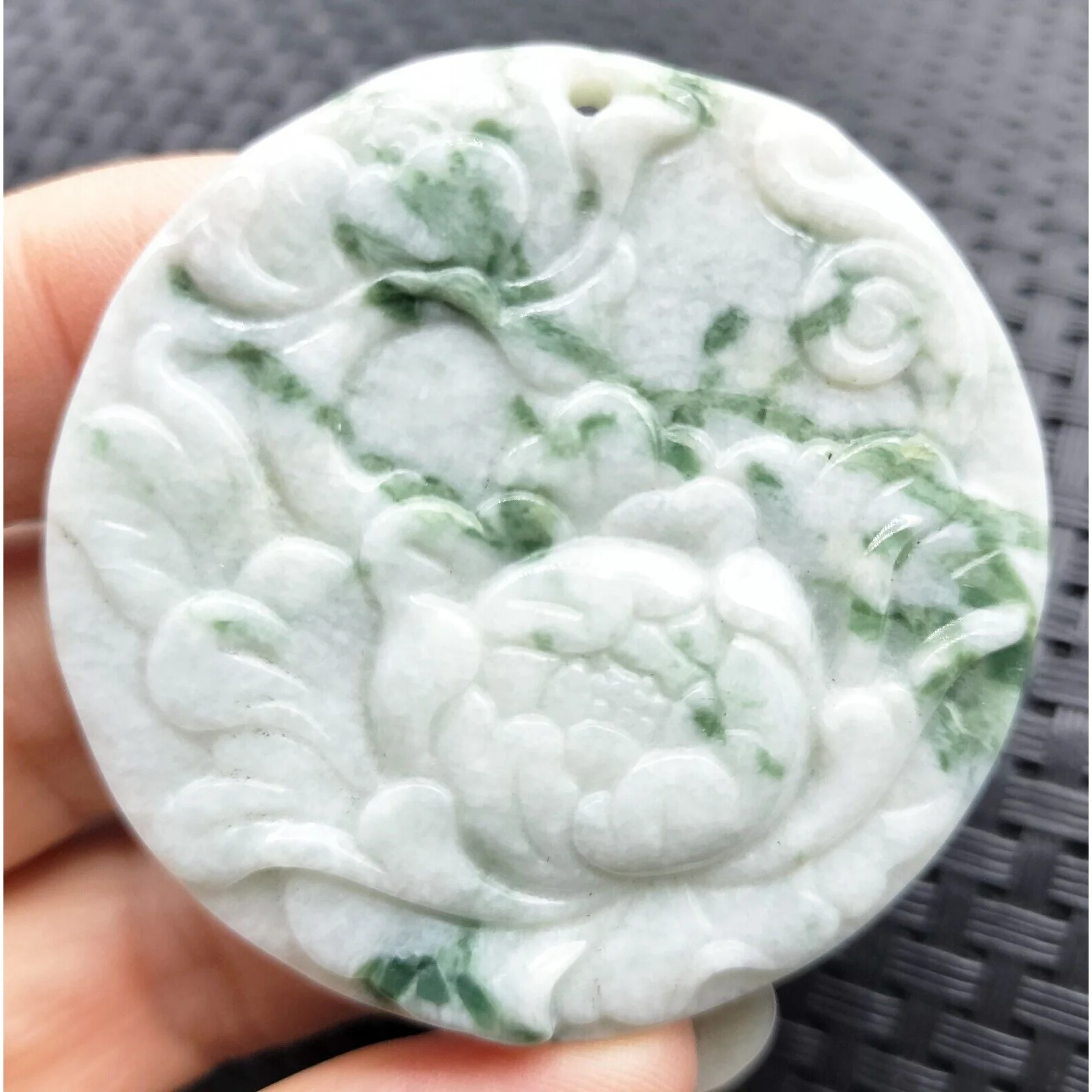 Certified Floral Green Natural Type A Jade Jadeite Carved Flower Pendant - Image 3