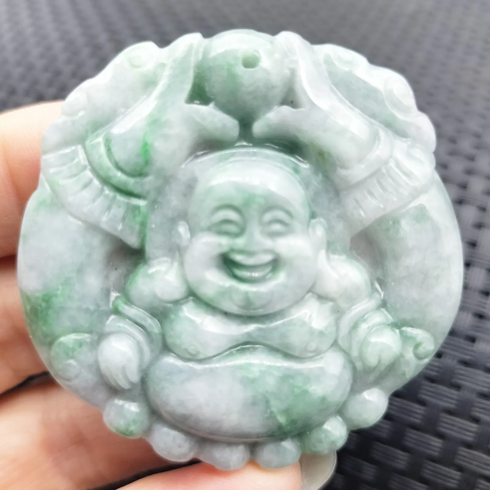 Certified Floral Green Natural Type A Jadeite Carved Happy Buddha God Pendant - Image 2