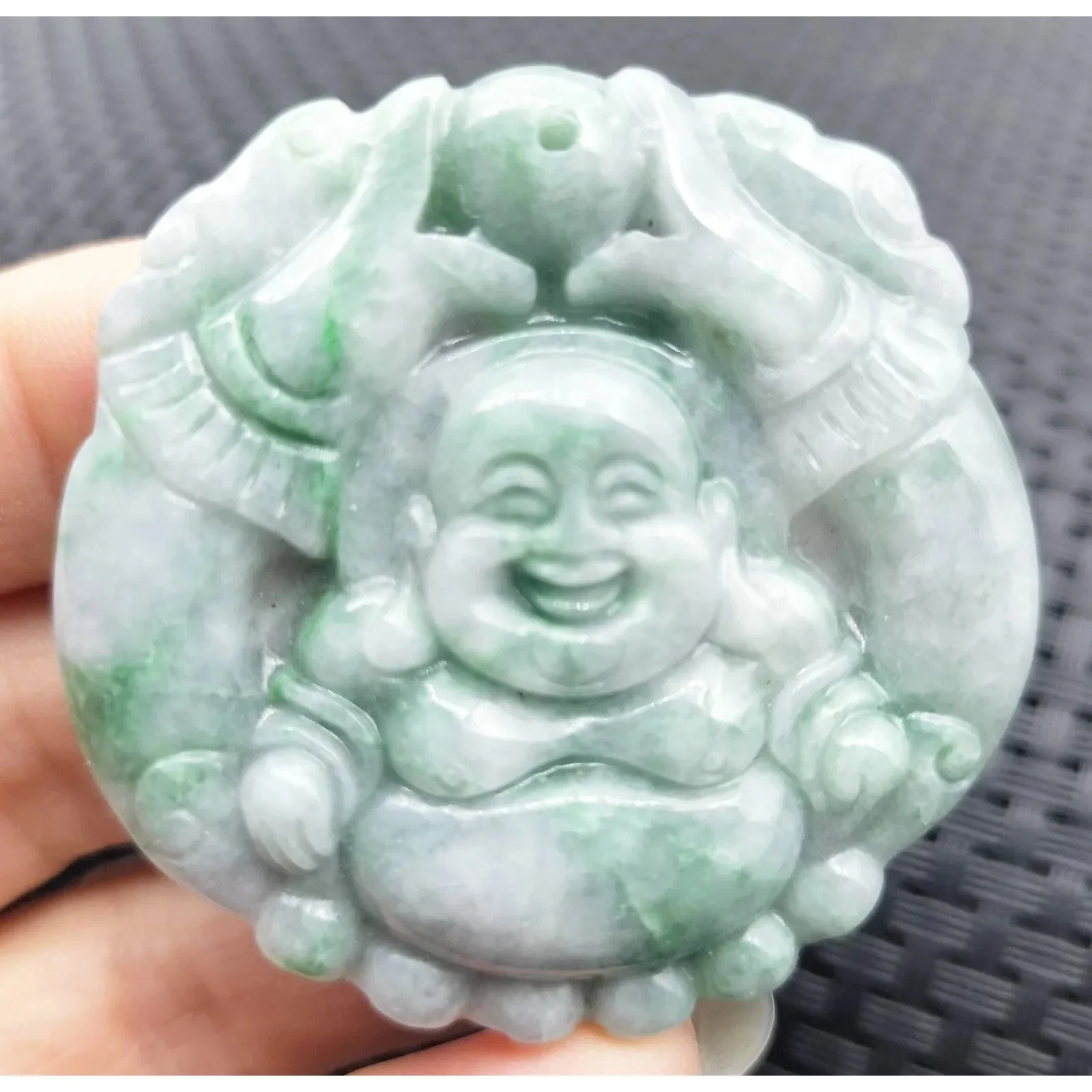 Certified Floral Green Natural Type A Jadeite Carved Happy Buddha God Pendant - Image 3