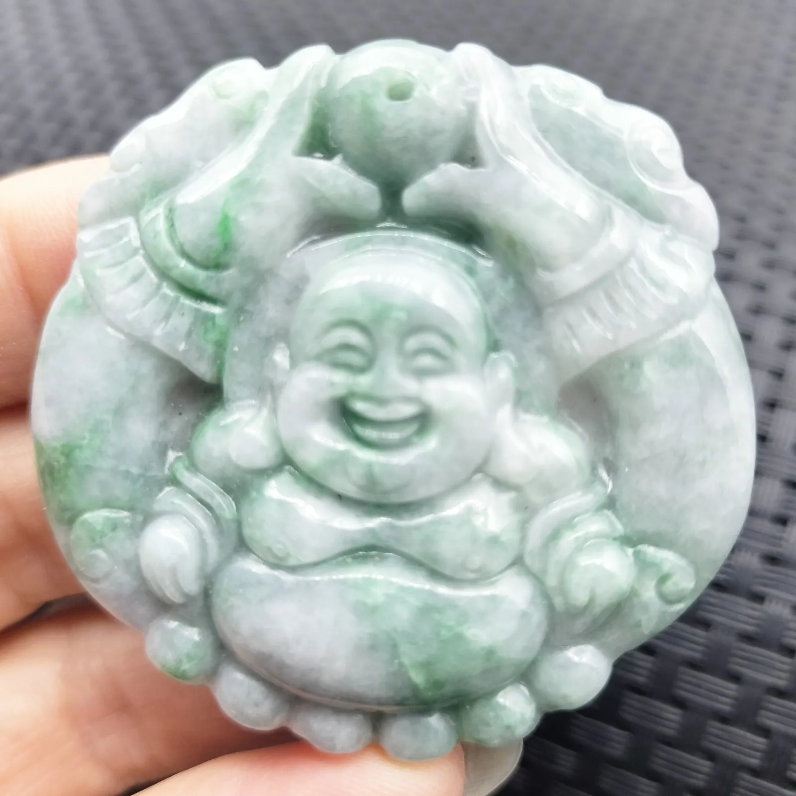 Certified Floral Green Natural Type A Jadeite Carved Happy Buddha God Pendant - Image 4
