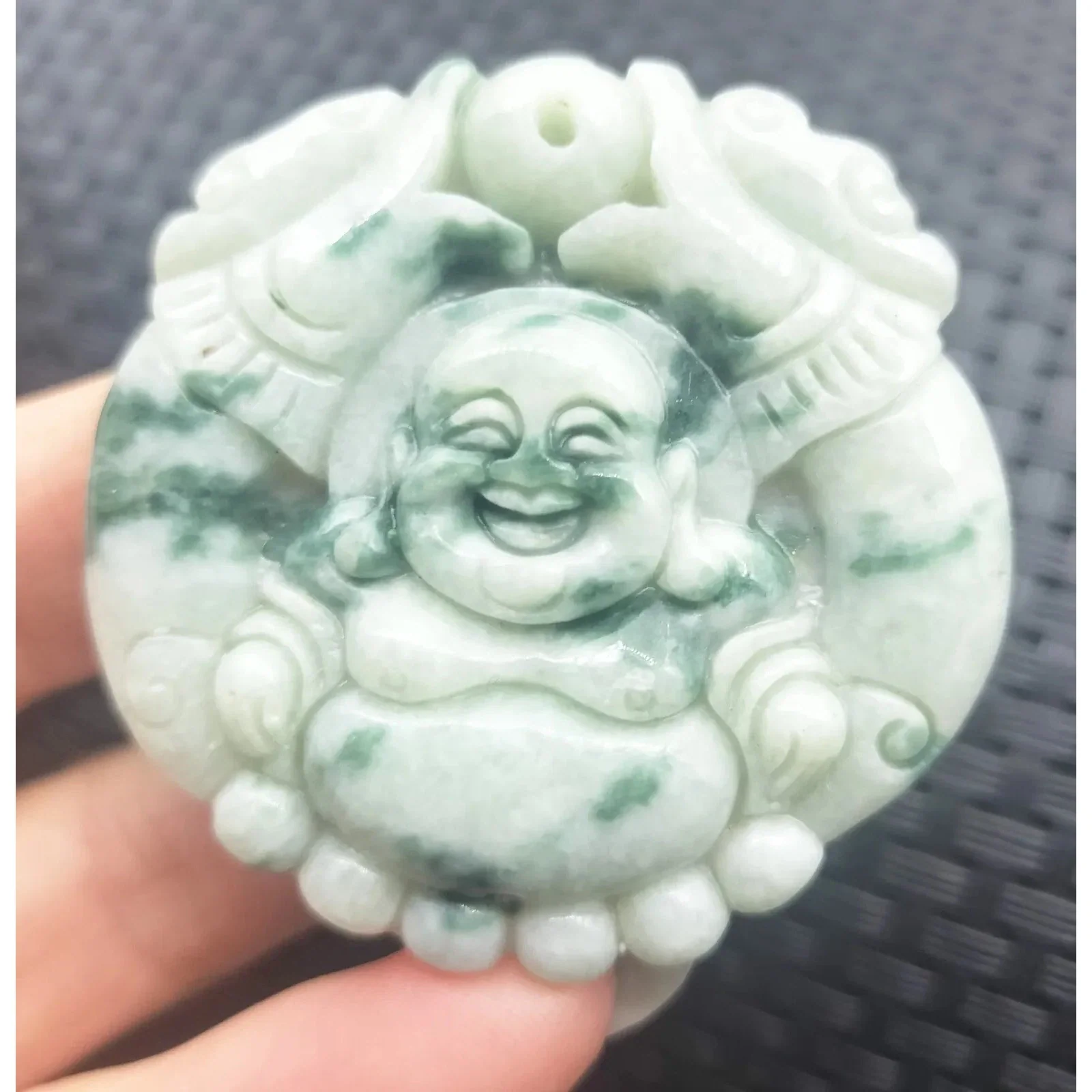 Certified Floral Green Natural Type A Jadeite Carved Happy Buddha God Pendant - Image 2