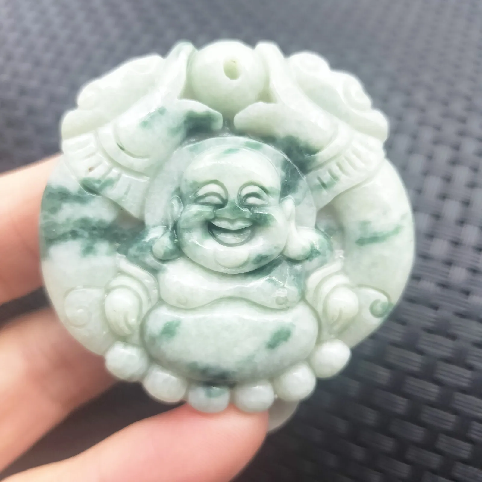 Certified Floral Green Natural Type A Jadeite Carved Happy Buddha God Pendant - Image 3