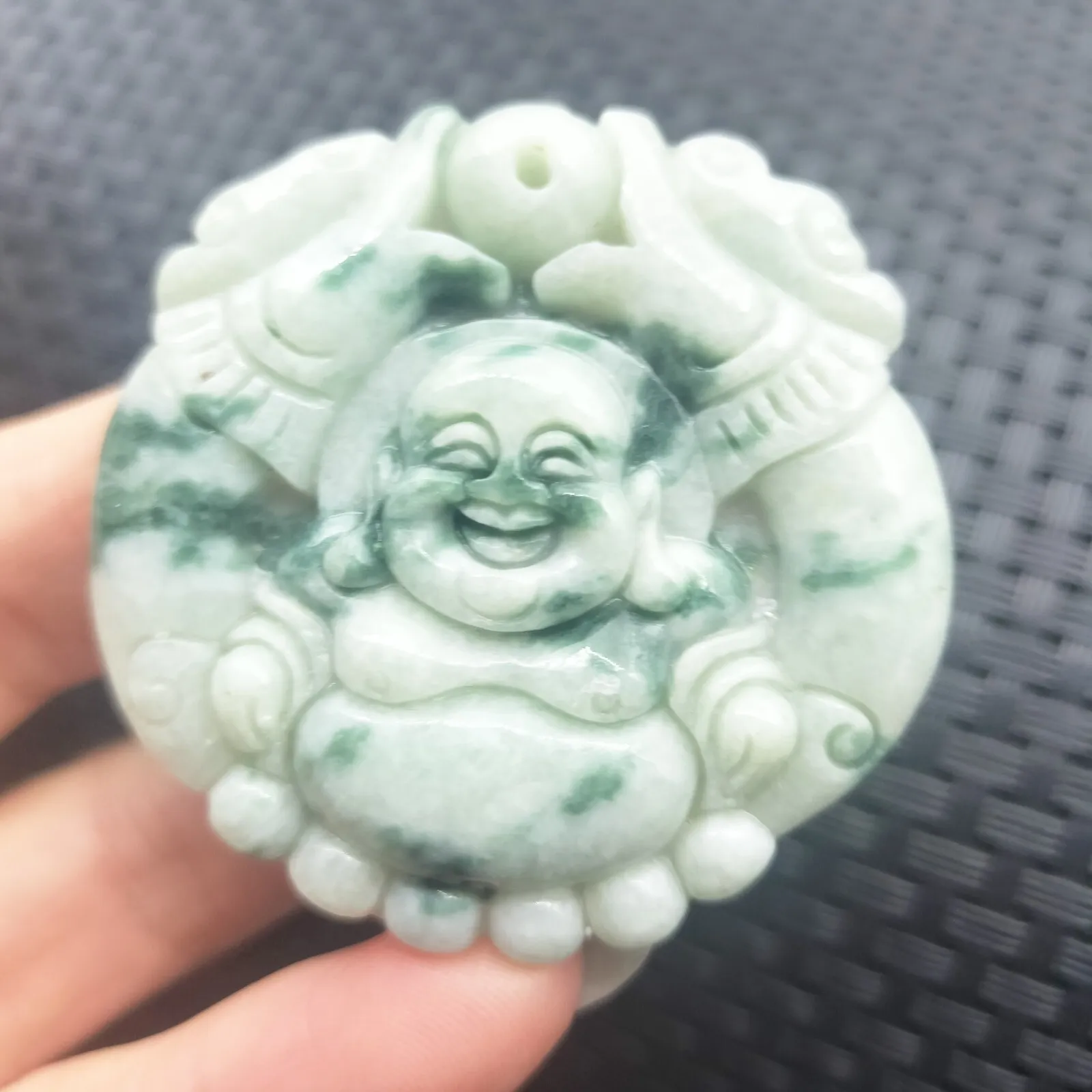 Certified Floral Green Natural Type A Jadeite Carved Happy Buddha God Pendant - Image 4