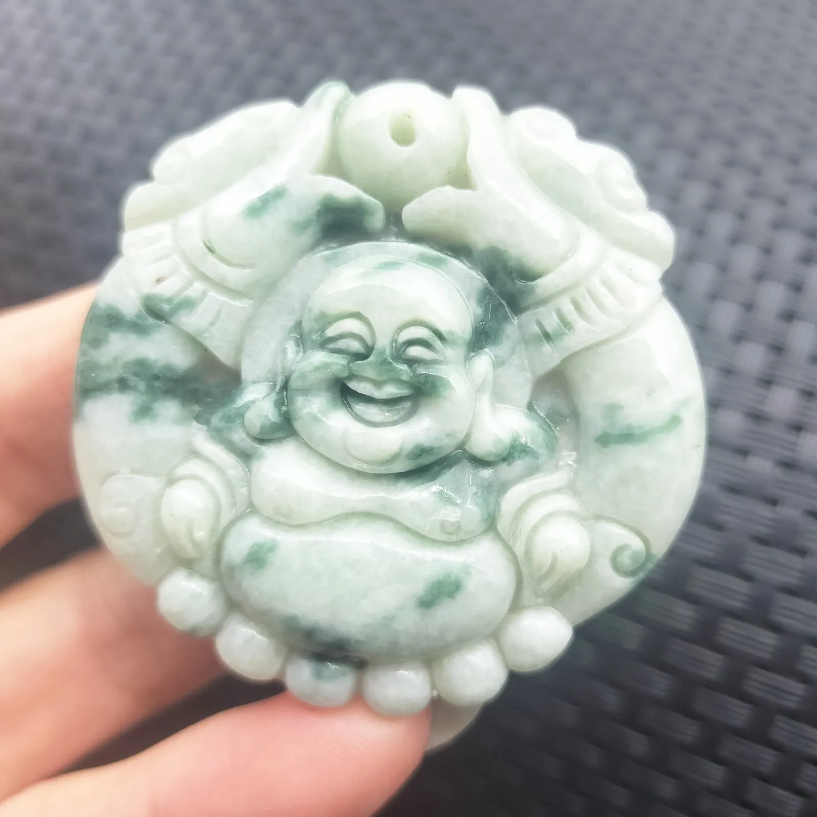 Certified Floral Green Natural Type A Jadeite Carved Happy Buddha God Pendant - Image 5