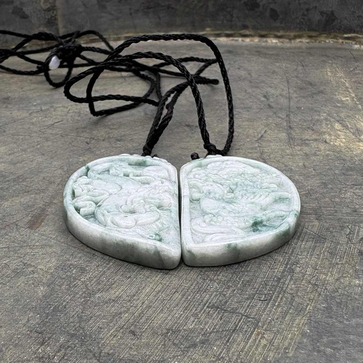 Certified Floral Green Natural Type A Jadeite Dragon Phoenix Pendant Necklaces PAIR - Image 10