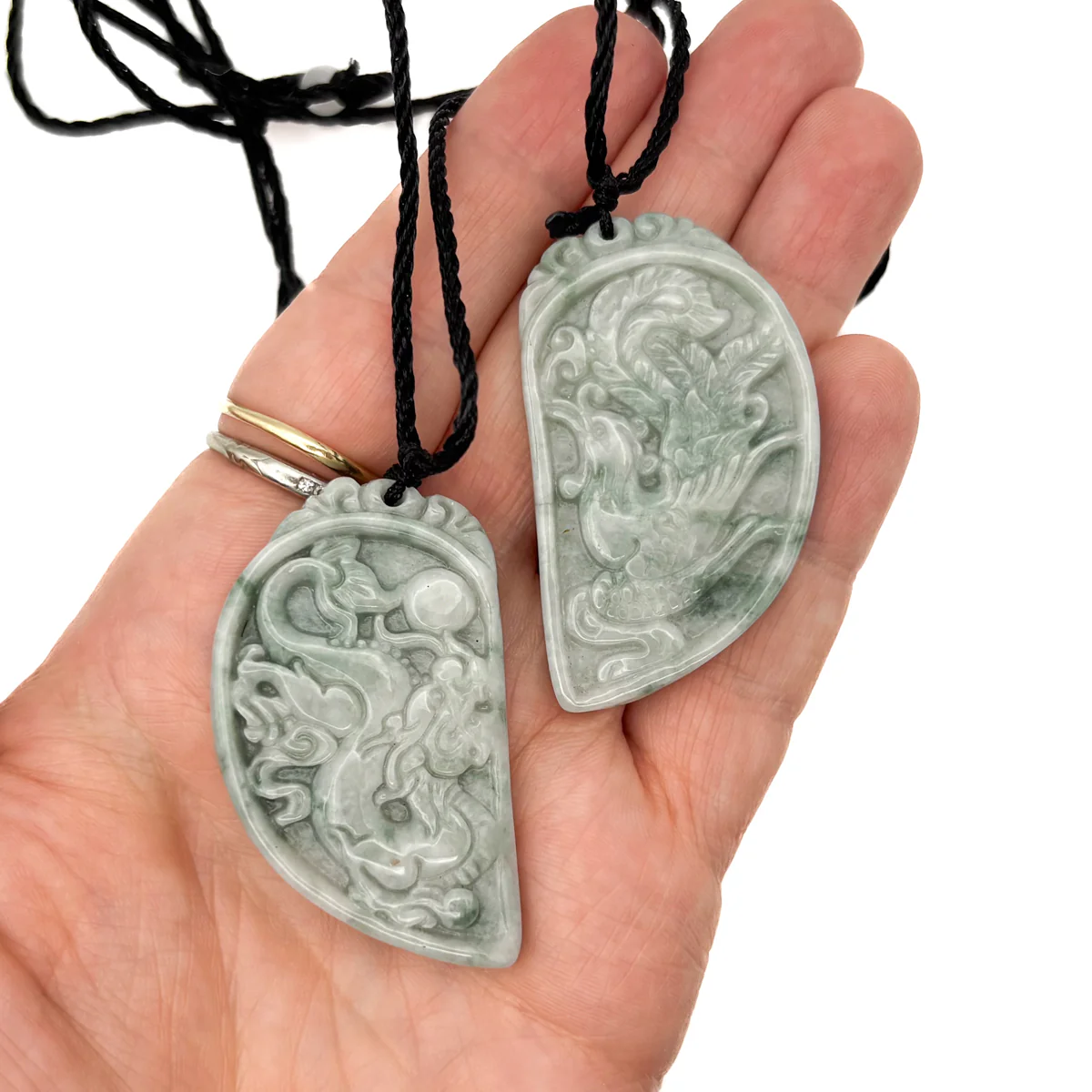 Certified Floral Green Natural Type A Jadeite Dragon Phoenix Pendant Necklaces PAIR - Image 11