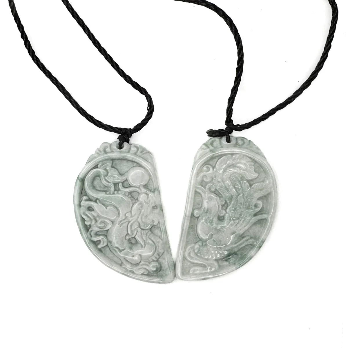 Certified Floral Green Natural Type A Jadeite Dragon Phoenix Pendant Necklaces PAIR - Image 12