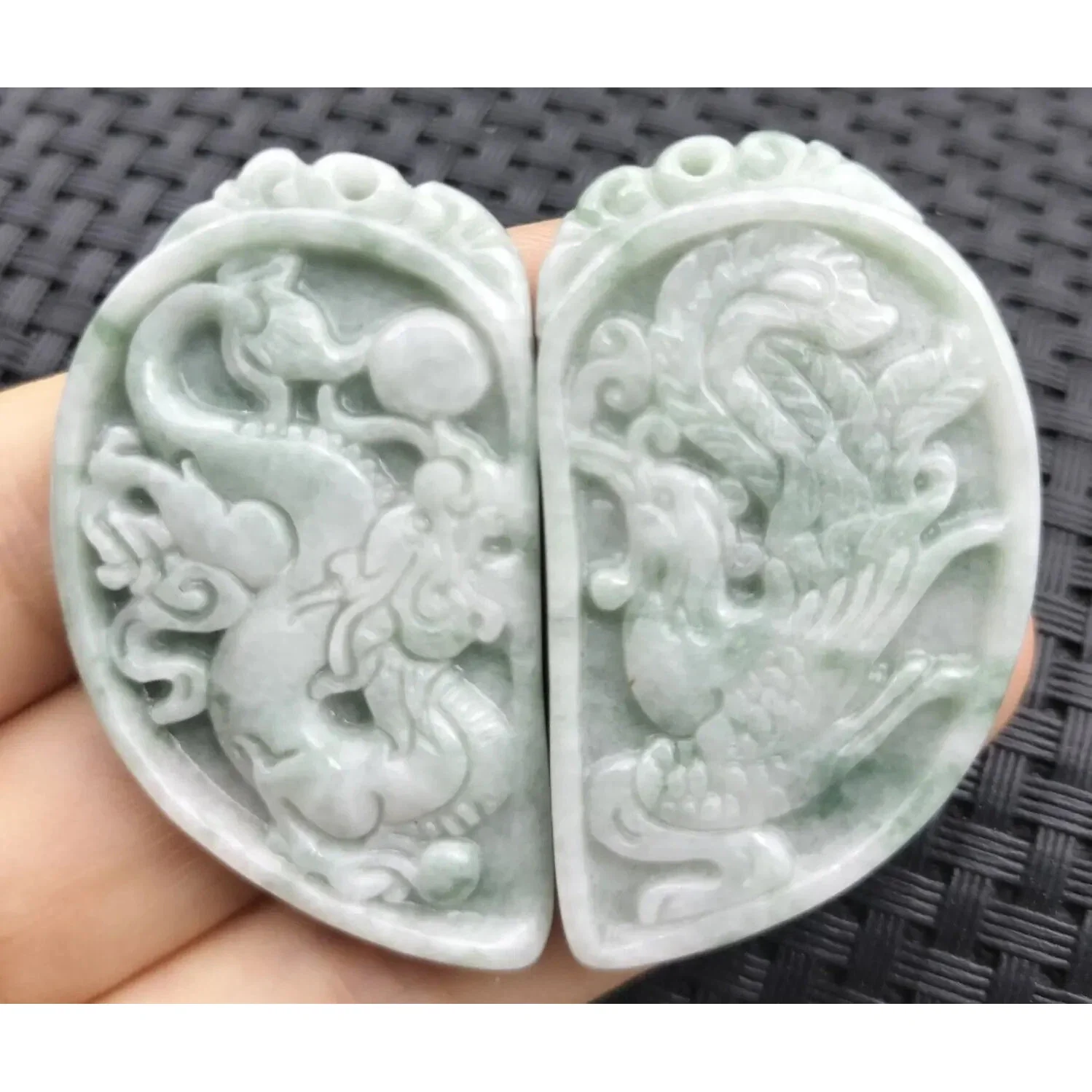 Certified Floral Green Natural Type A Jadeite Dragon Phoenix Pendant Necklaces PAIR - Image 14