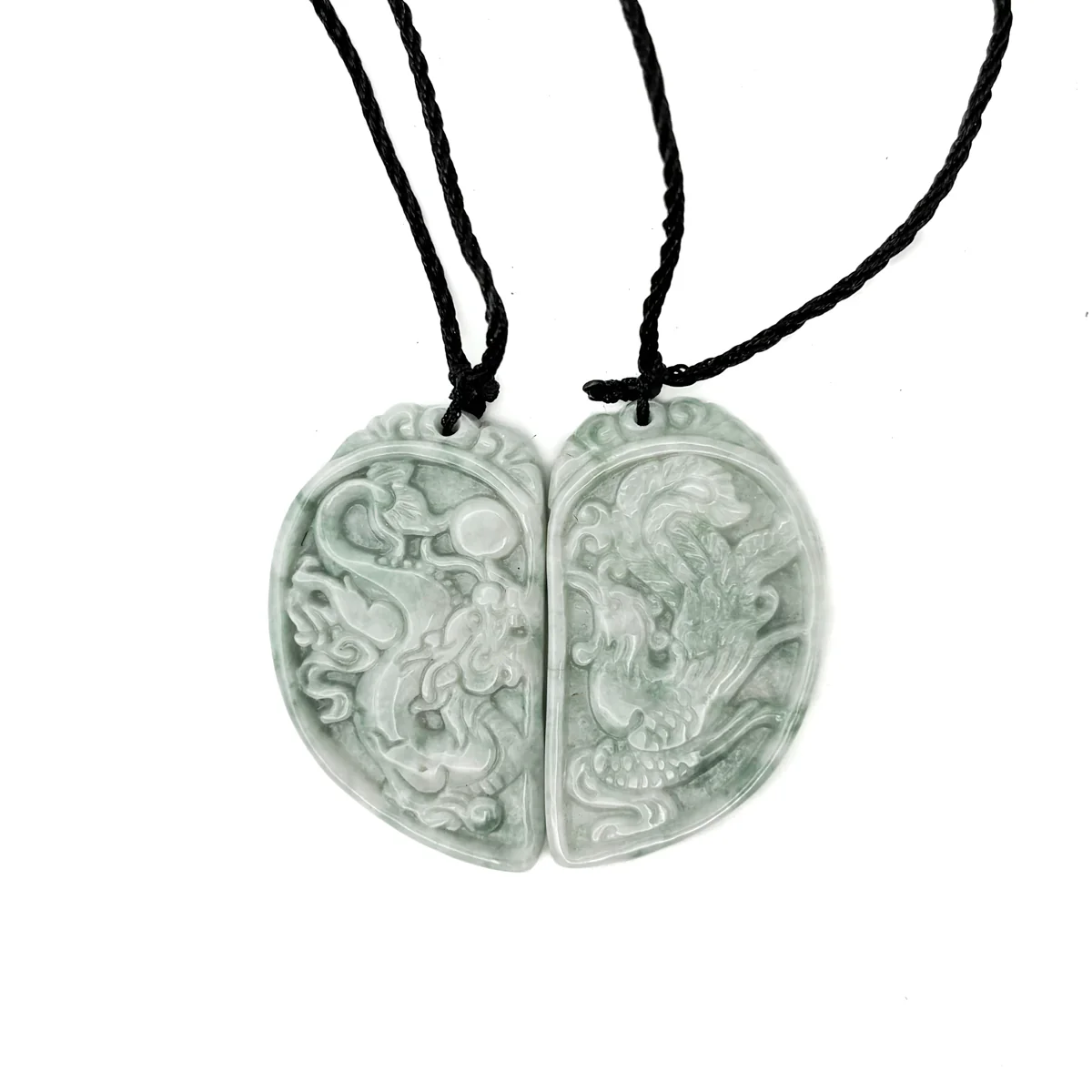 Certified Floral Green Natural Type A Jadeite Dragon Phoenix Pendant Necklaces PAIR - Image 4