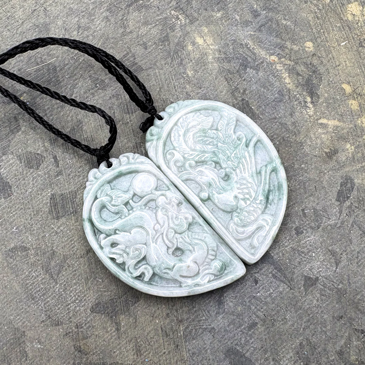Certified Floral Green Natural Type A Jadeite Dragon Phoenix Pendant Necklaces PAIR - Image 5