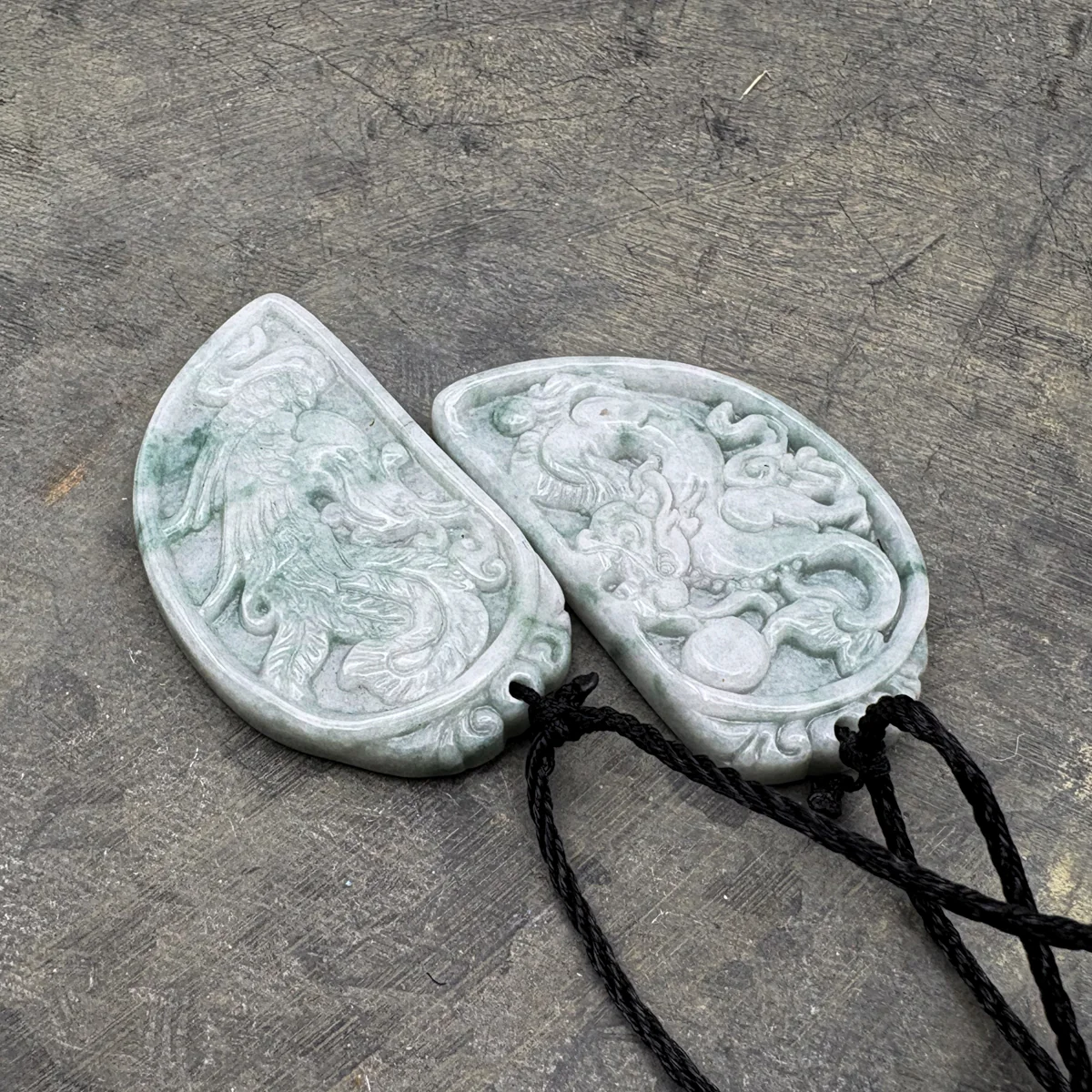 Certified Floral Green Natural Type A Jadeite Dragon Phoenix Pendant Necklaces PAIR - Image 7