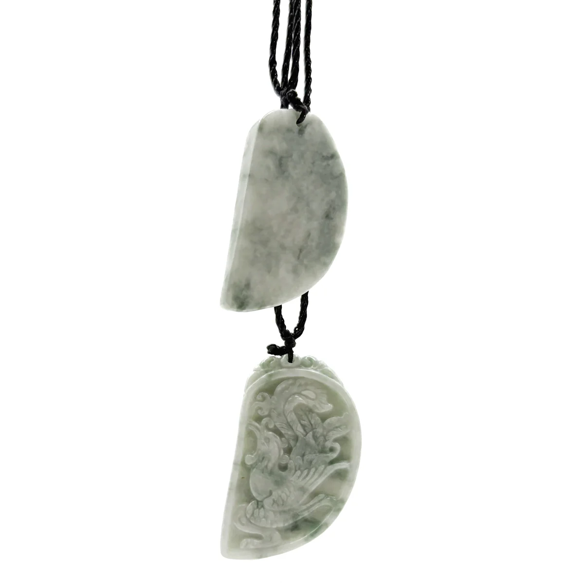 Certified Floral Green Natural Type A Jadeite Dragon Phoenix Pendant Necklaces PAIR - Image 8