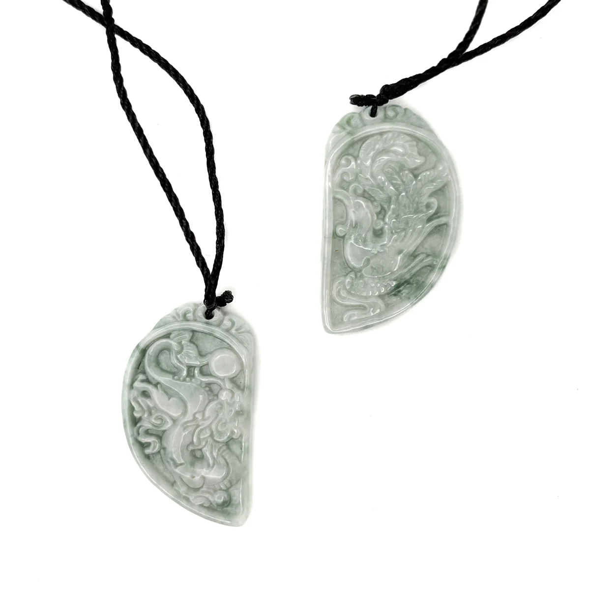 Certified Floral Green Natural Type A Jadeite Dragon Phoenix Pendant Necklaces PAIR - Image 9