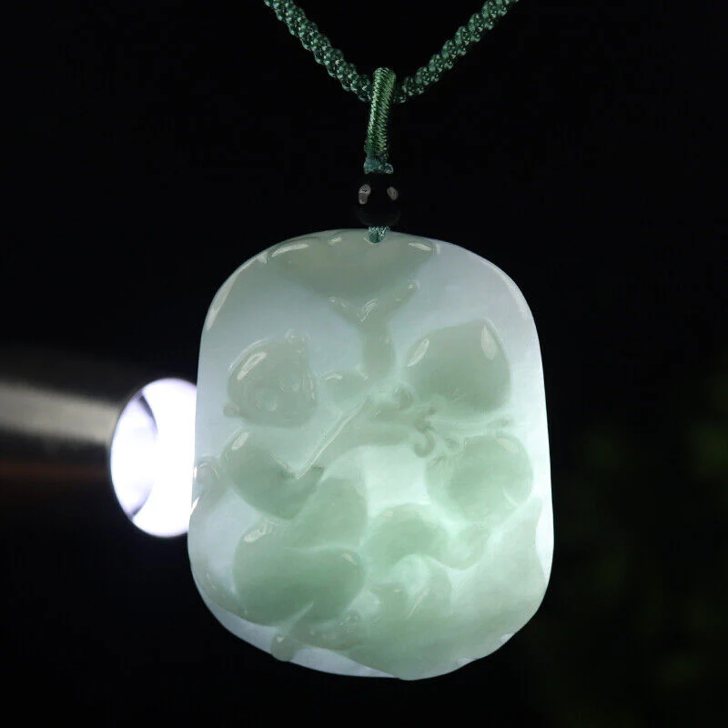 Certified Grade A 100% Natural Green Jade Jadeite Pendant Monkey Peach Necklace - Image 3