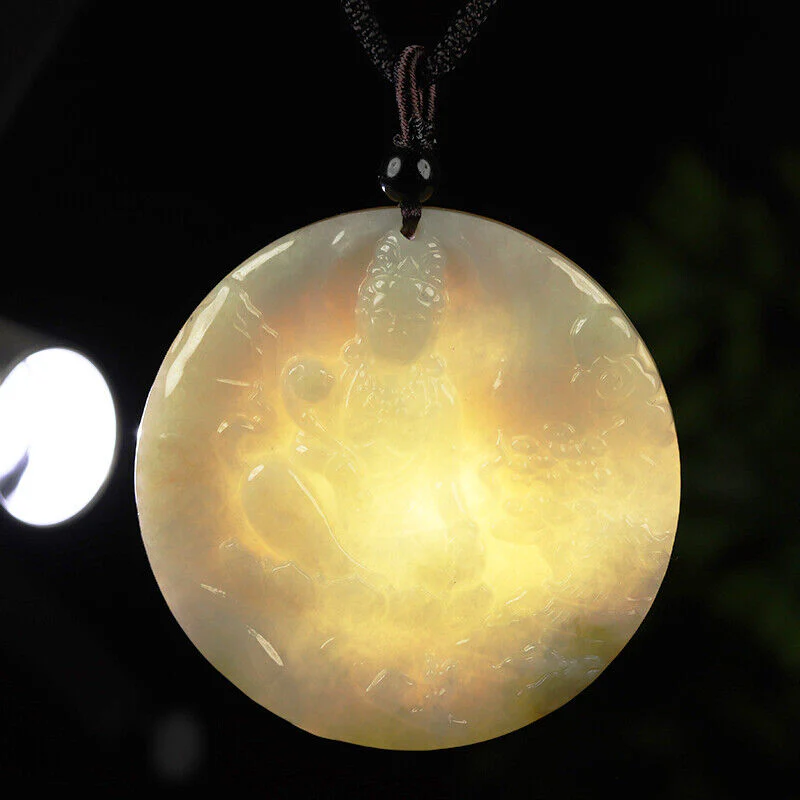 Certified Grade A Brown Green Natural Jade Jadeite Pendant Kwan Yin Necklace - Image 2