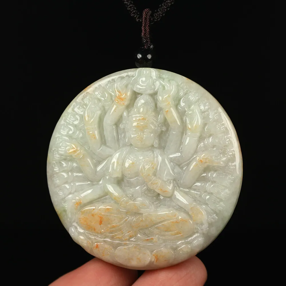 Certified Grade A Brown Green Natural Jadeite Jade Pendant Kwan-Yin Necklace - Image 2
