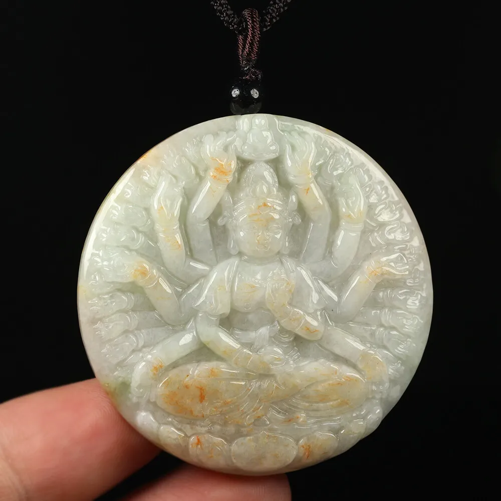 Certified Grade A Brown Green Natural Jadeite Jade Pendant Kwan-Yin Necklace - Image 3
