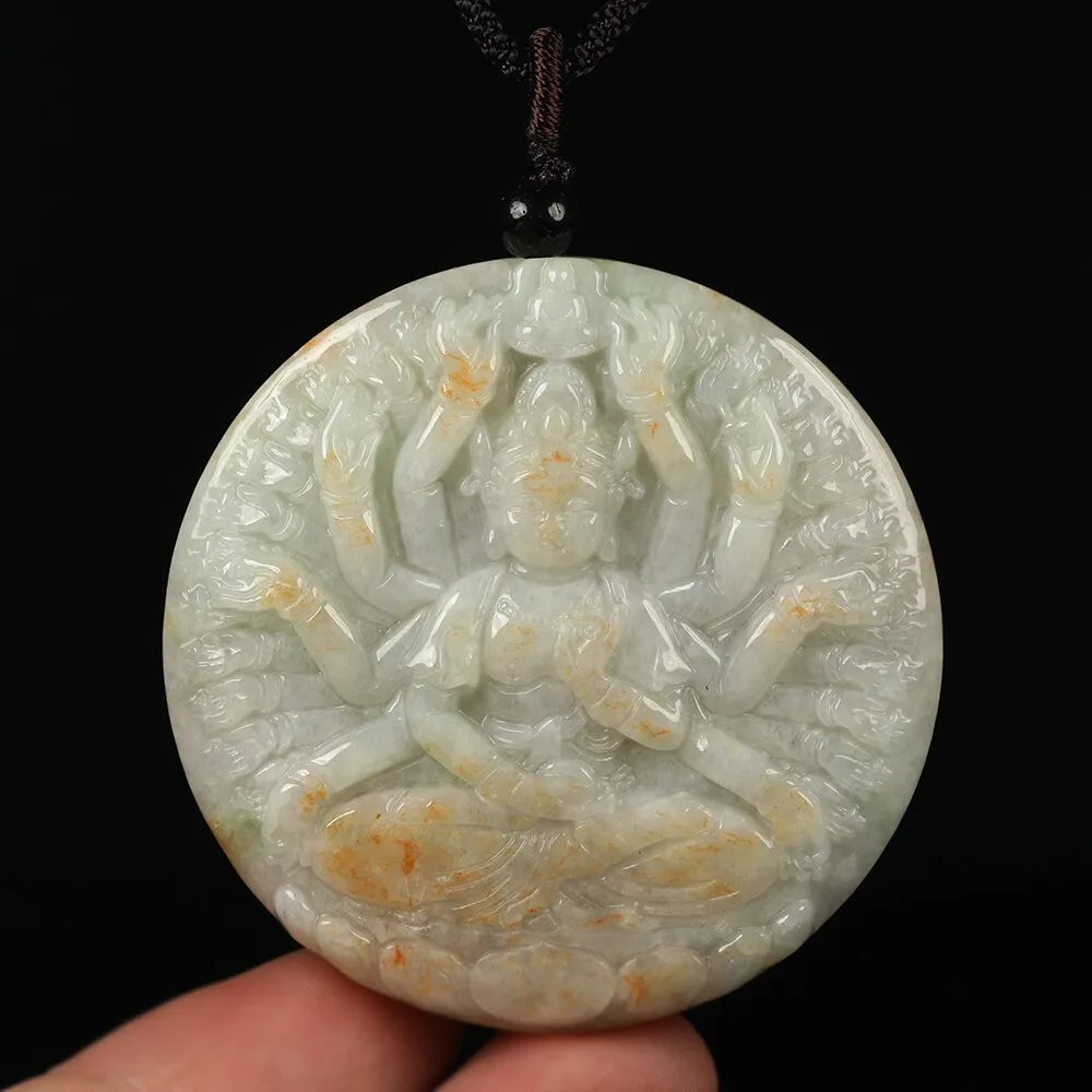 Certified Grade A Brown Green Natural Jadeite Jade Pendant Kwan-Yin Necklace - Image 4