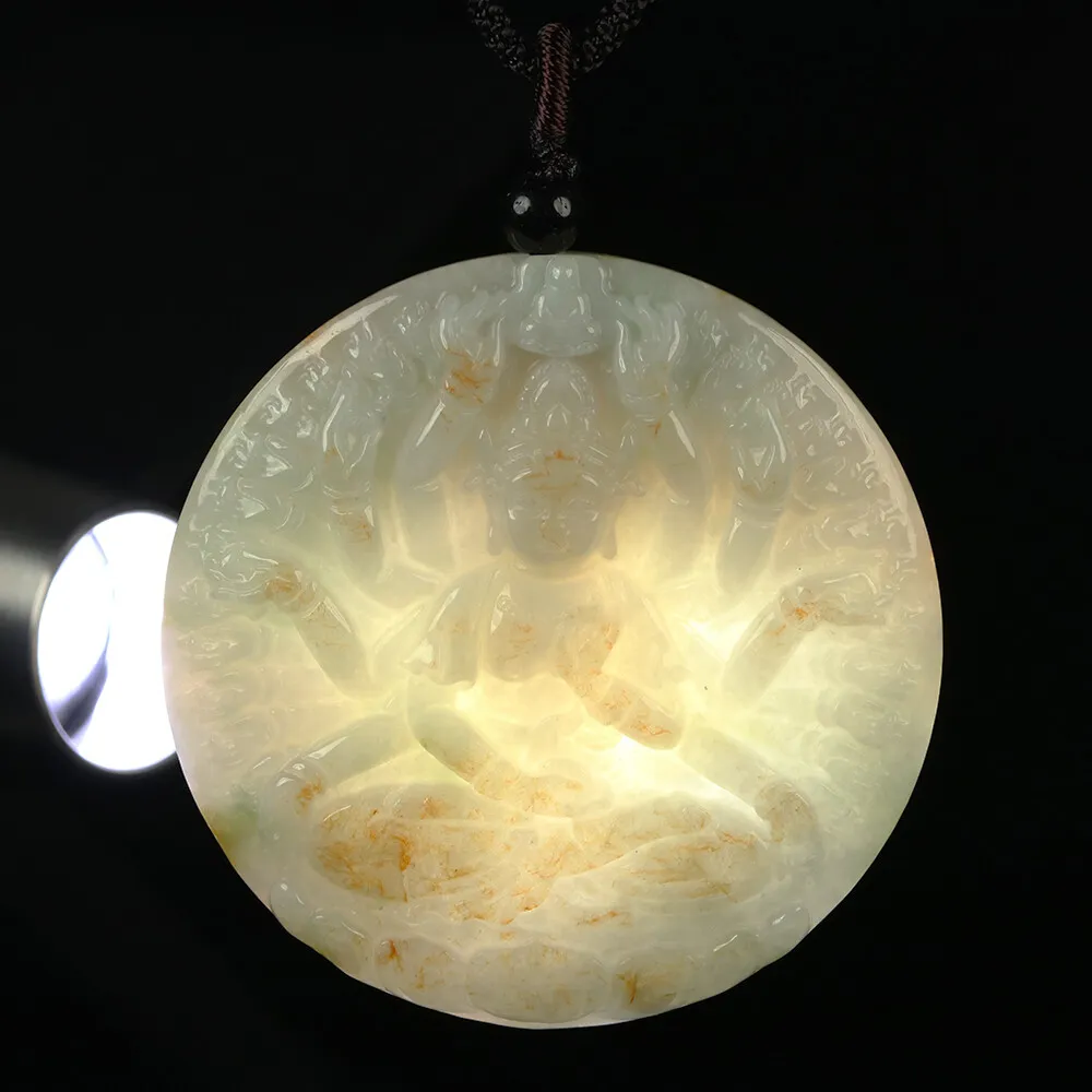 Certified Grade A Brown Green Natural Jadeite Jade Pendant Kwan-Yin Necklace - Image 5