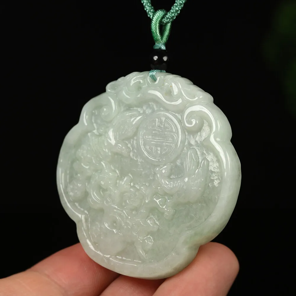 Certified Grade A Green Natural Jadeite Jade Pendant Flower Birds Necklace - Image 2