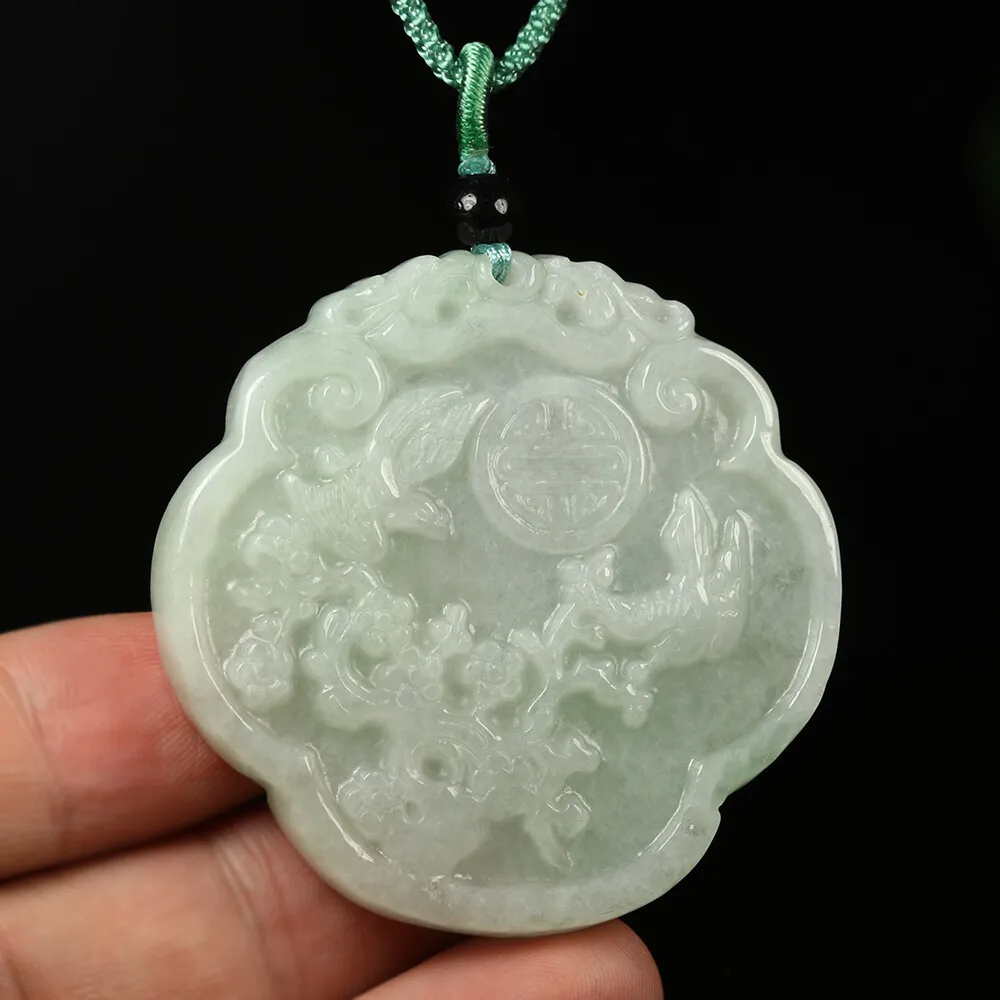 Certified Grade A Green Natural Jadeite Jade Pendant Flower Birds Necklace - Image 3