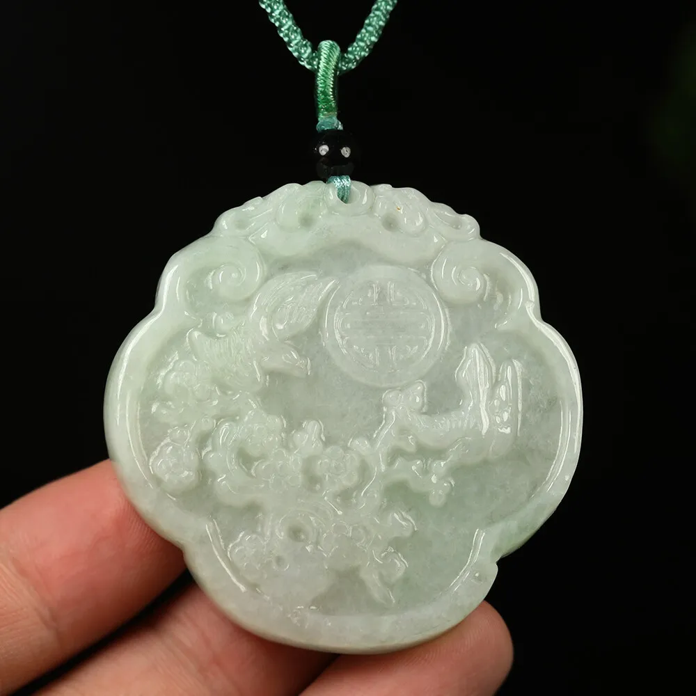 Certified Grade A Green Natural Jadeite Jade Pendant Flower Birds Necklace - Image 4
