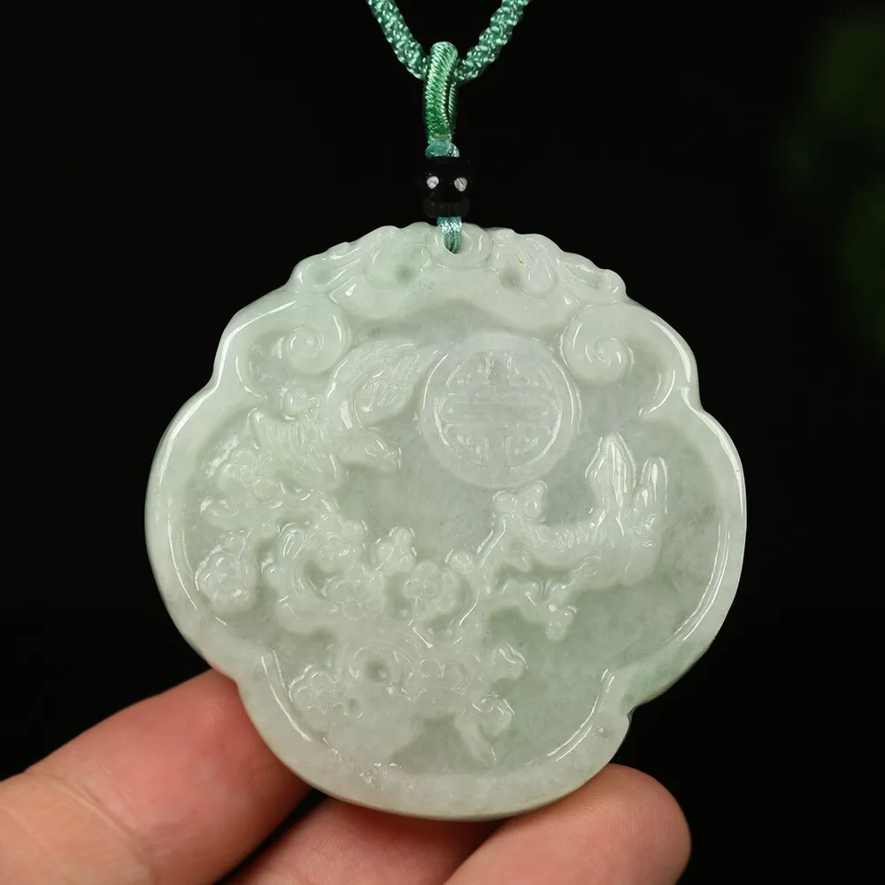 Certified Grade A Green Natural Jadeite Jade Pendant Flower Birds Necklace - Image 5