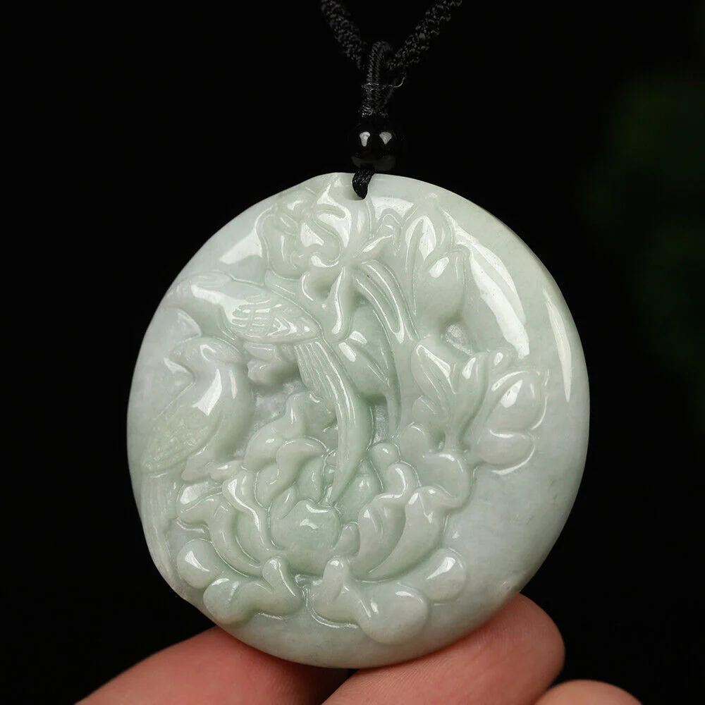 Certified Grade A Green Natural Jadeite Jade Pendant Handmade Birds Flower Necklace - Image 2
