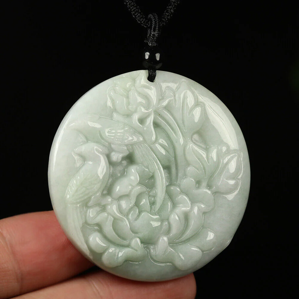 Certified Grade A Green Natural Jadeite Jade Pendant Handmade Birds Flower Necklace - Image 3