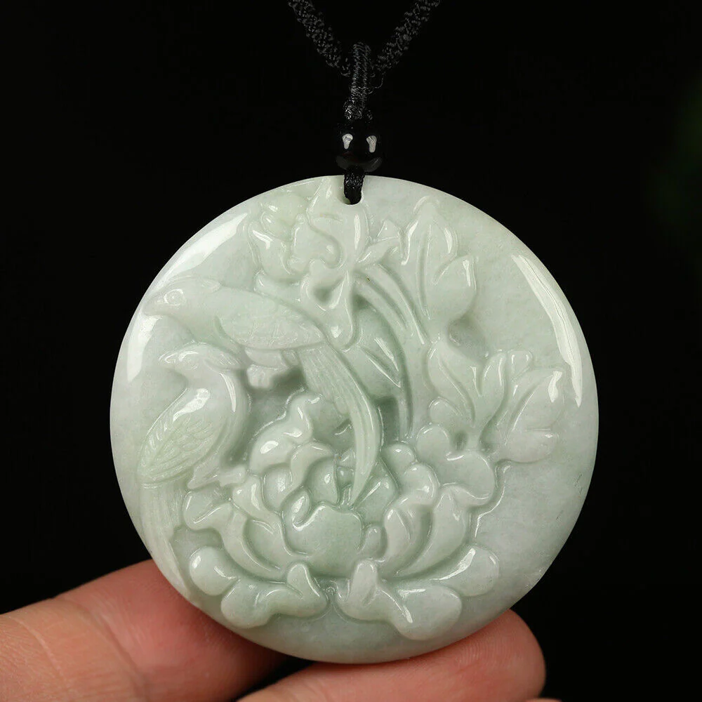 Certified Grade A Green Natural Jadeite Jade Pendant Handmade Birds Flower Necklace - Image 4