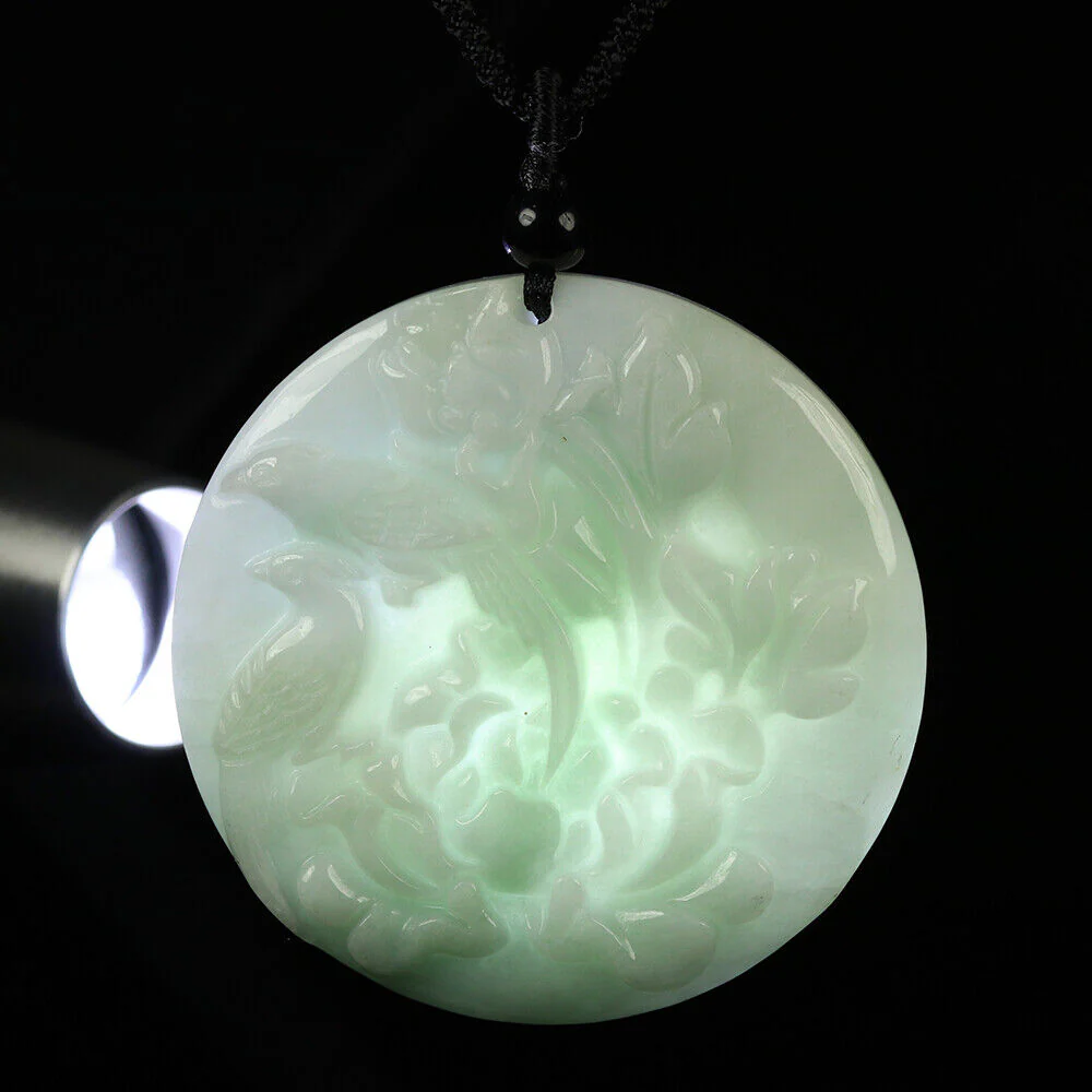 Certified Grade A Green Natural Jadeite Jade Pendant Handmade Birds Flower Necklace - Image 5