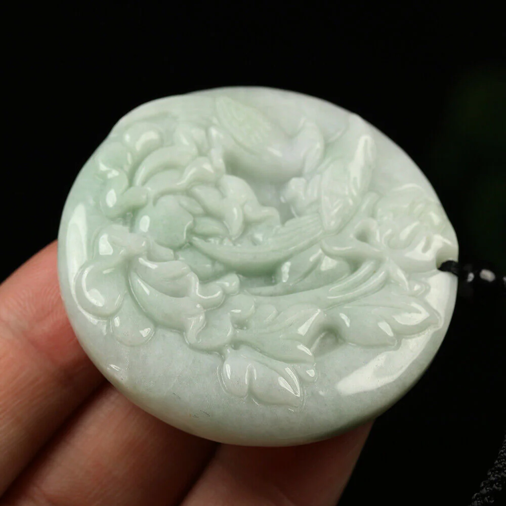 Certified Grade A Green Natural Jadeite Jade Pendant Handmade Birds Flower Necklace - Image 6