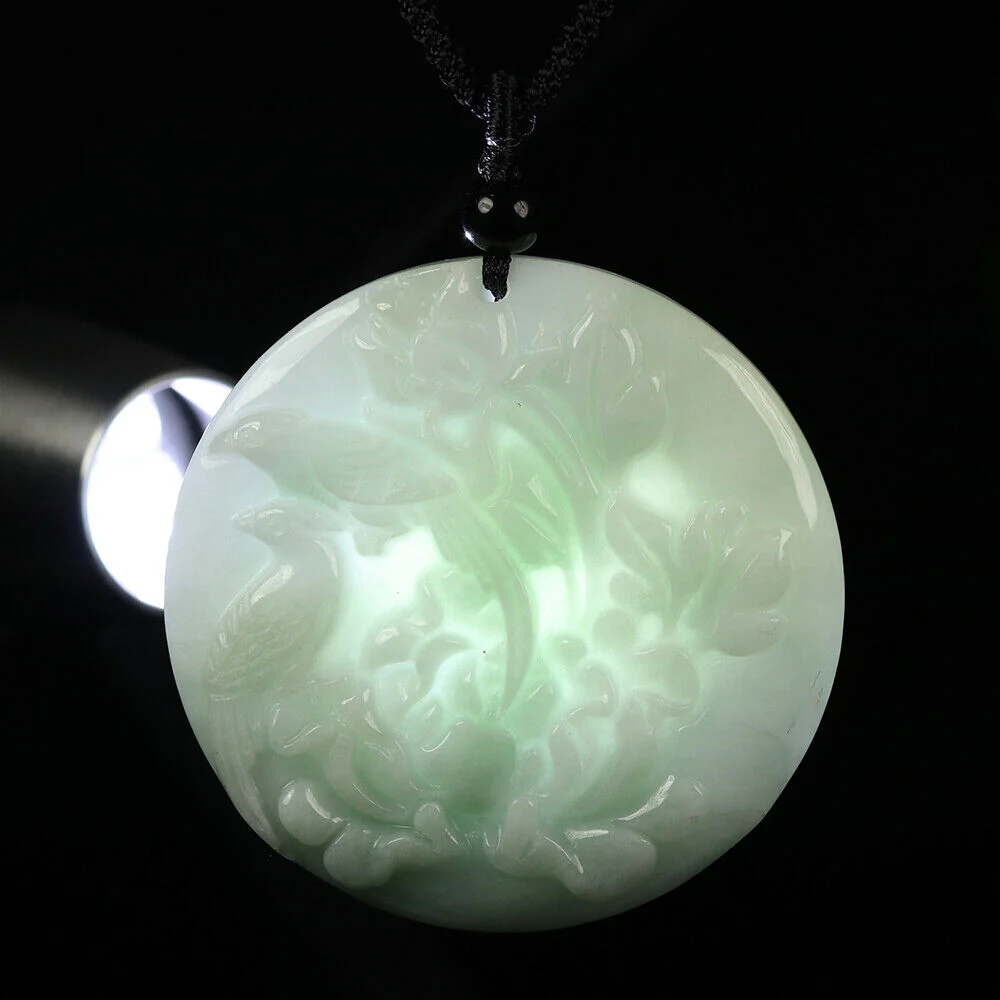 Certified Grade A Green Natural Jadeite Jade Pendant Handmade Birds Flower Necklace - Image 7