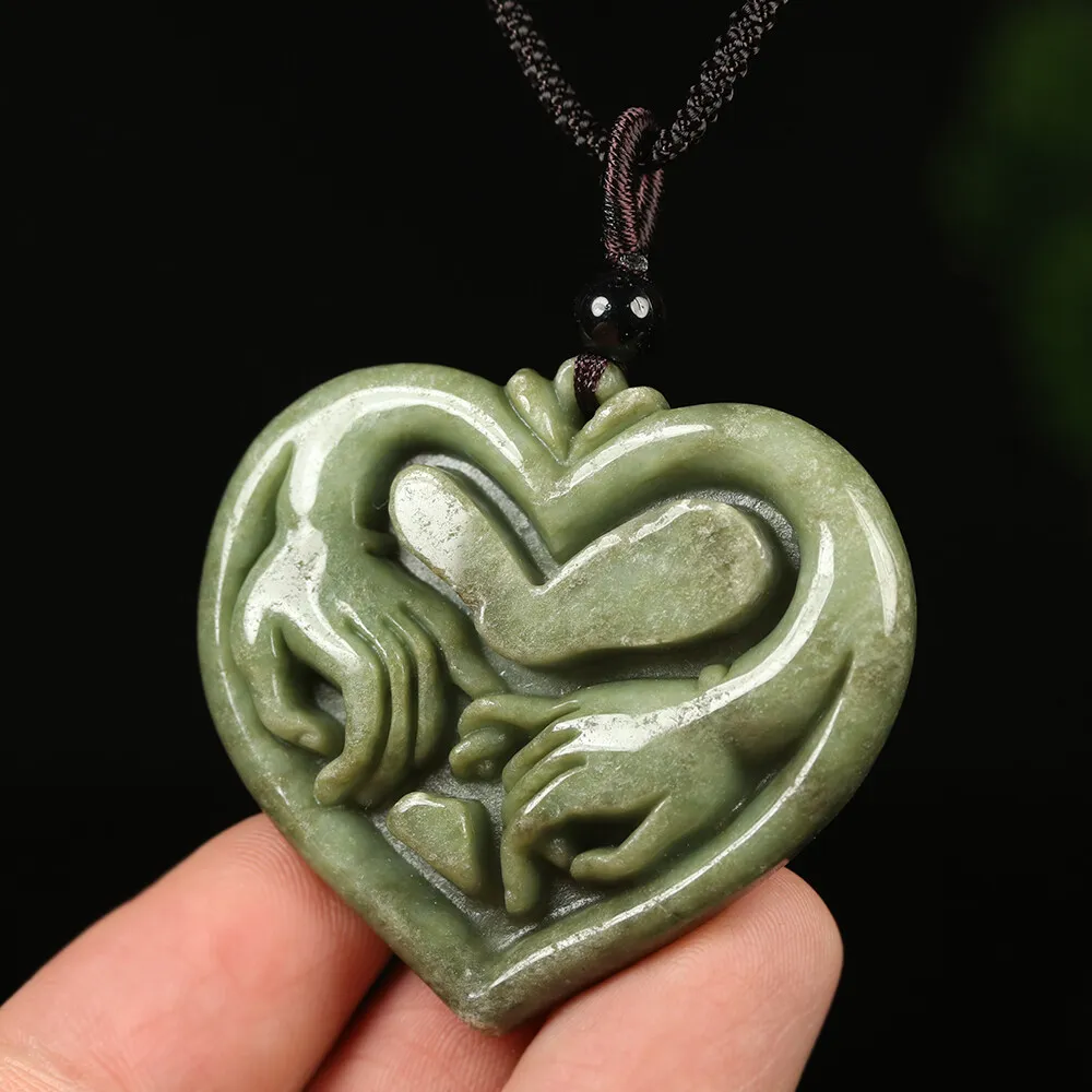 Certified Grade A Green Natural Jadeite Jade Pendant Heart Lover Hand - Image 2