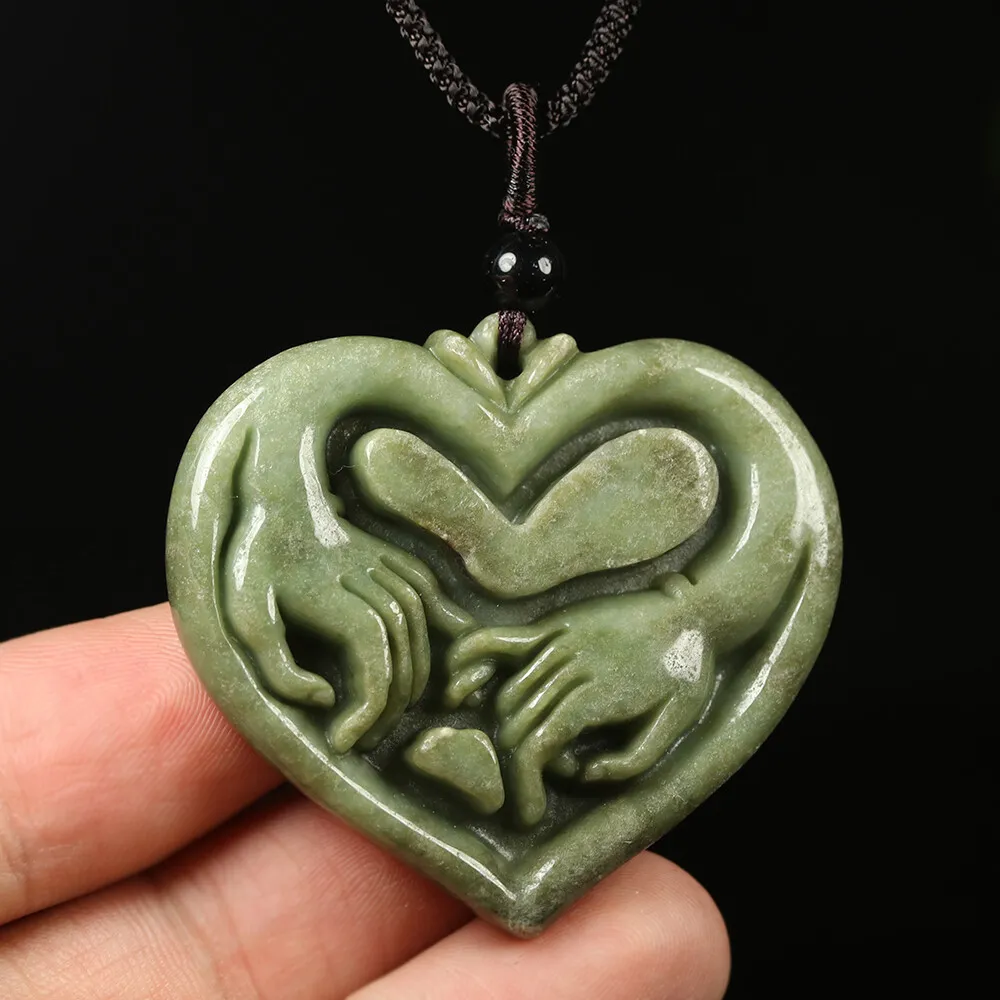 Certified Grade A Green Natural Jadeite Jade Pendant Heart Lover Hand - Image 3