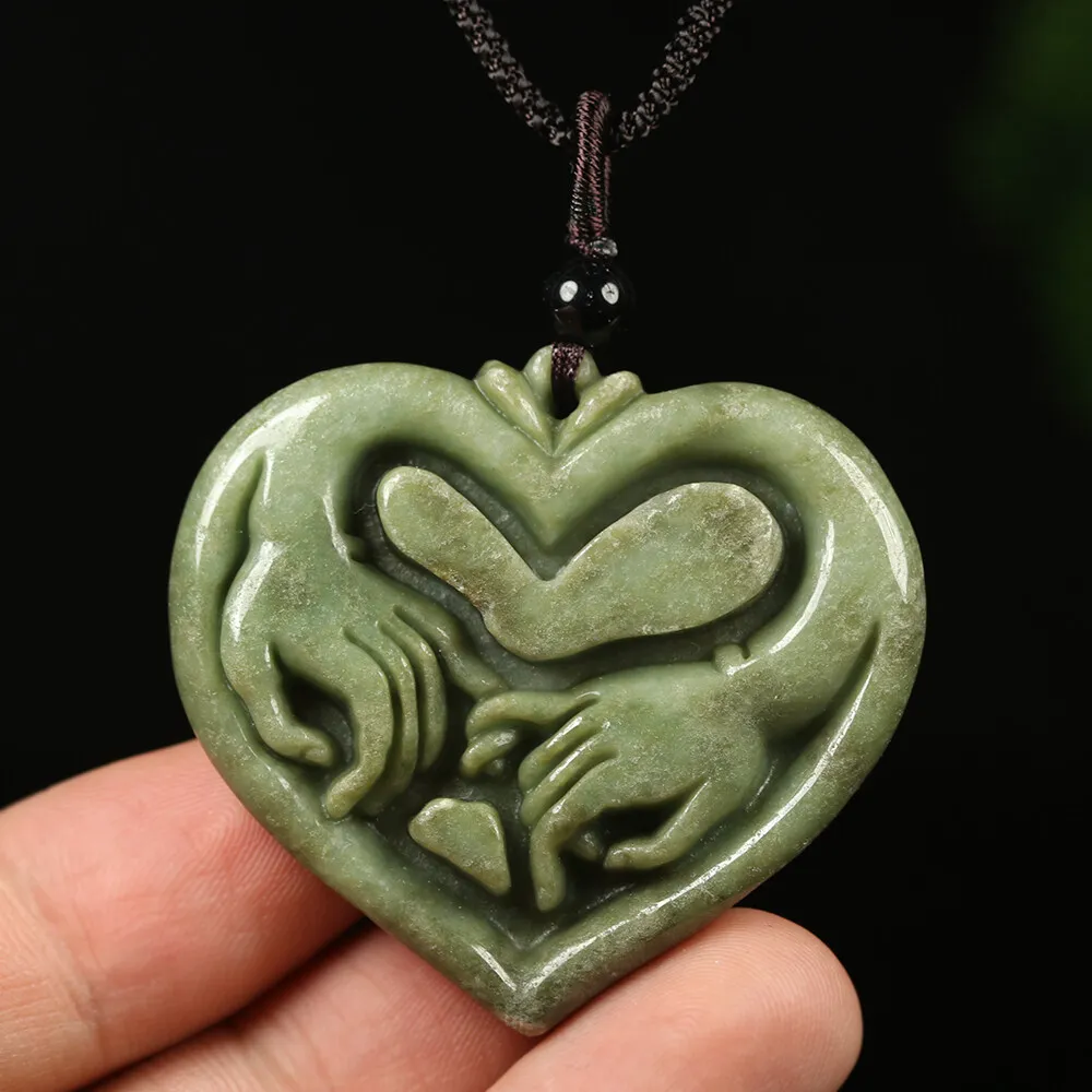 Certified Grade A Green Natural Jadeite Jade Pendant Heart Lover Hand - Image 4