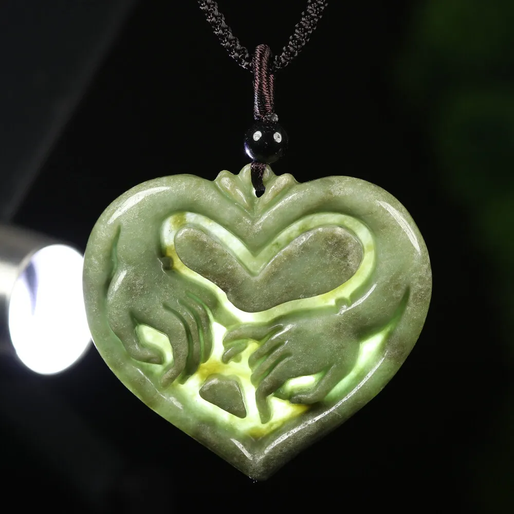 Certified Grade A Green Natural Jadeite Jade Pendant Heart Lover Hand - Image 7