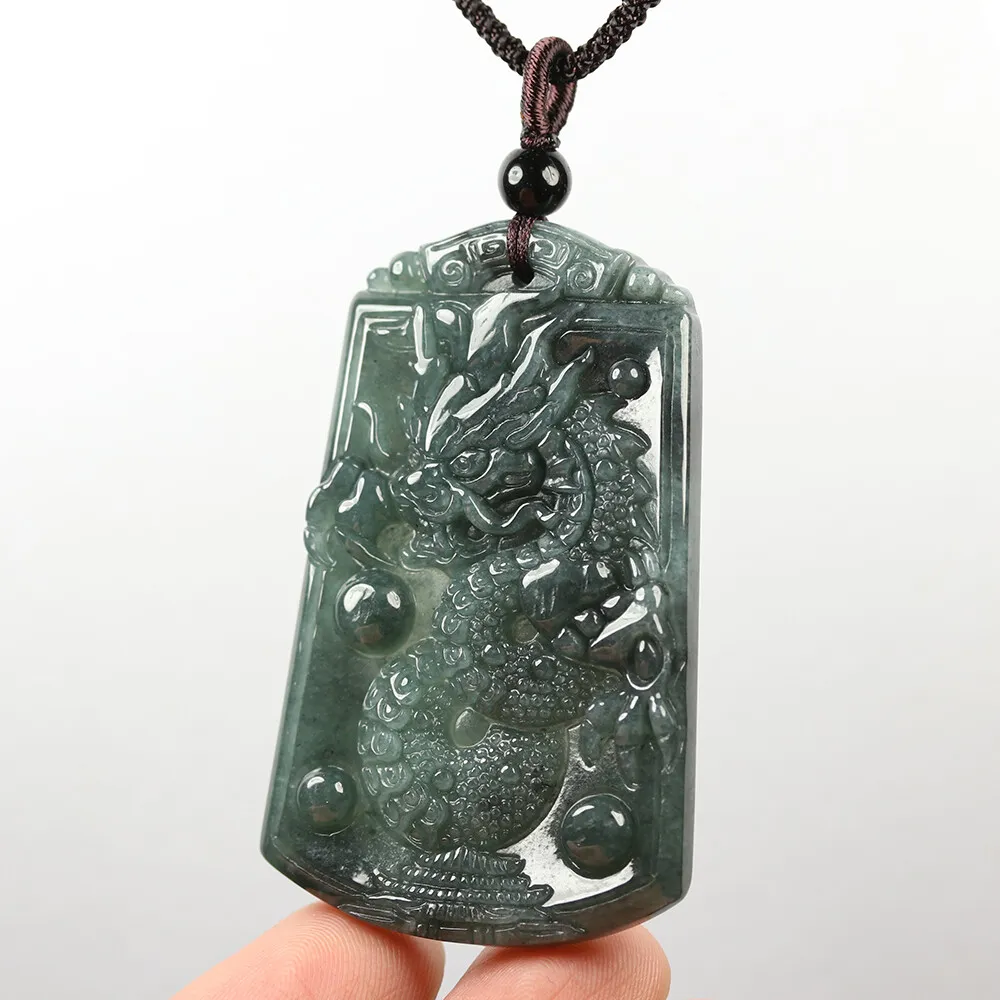 Certified Grade A Icy Oil Green Natural Jadeite Jade Pendant Dragon Necklace - Image 2