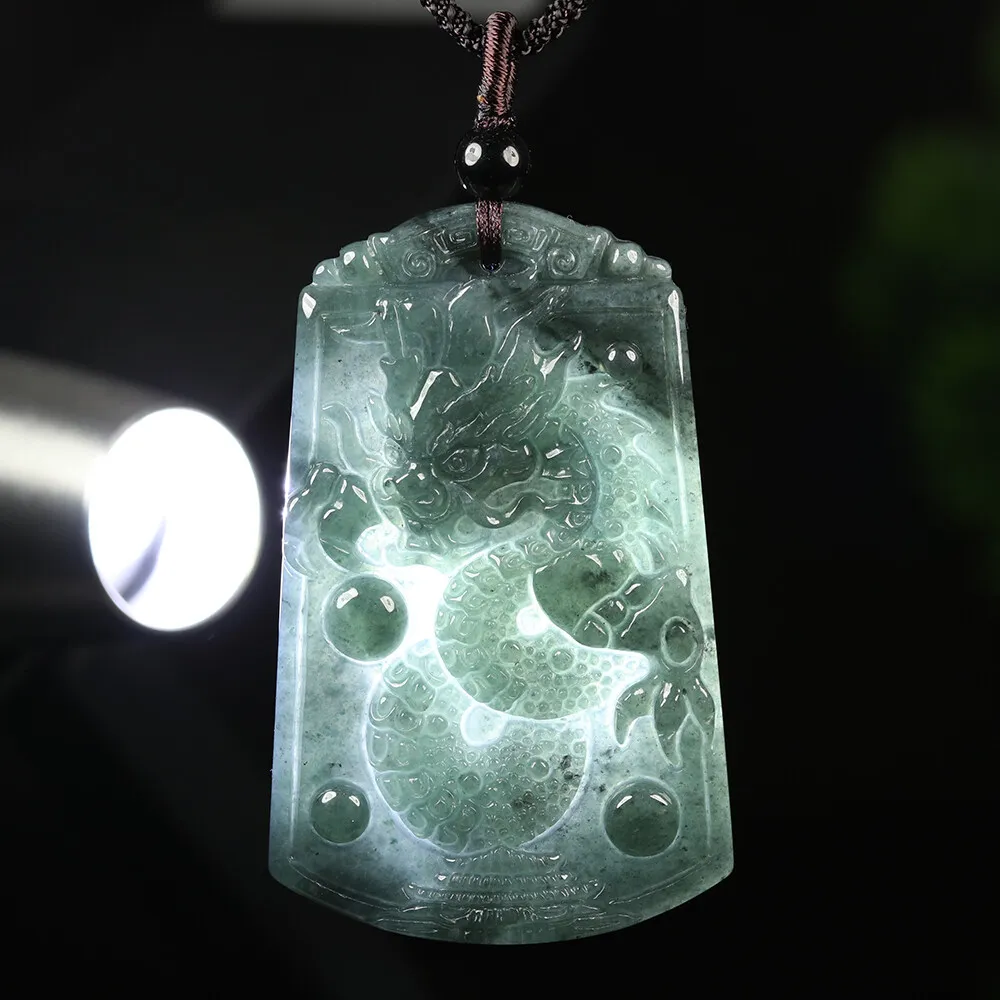 Certified Grade A Icy Oil Green Natural Jadeite Jade Pendant Dragon Necklace - Image 5