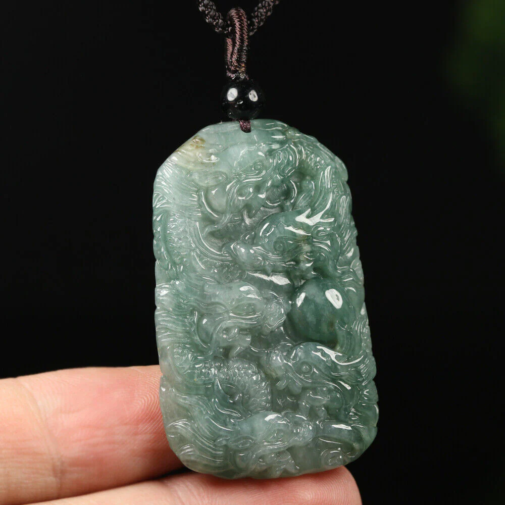Certified Grade A Oil Green Natural Jadeite Jade Pendant Nine-Dragons Necklace - Image 2