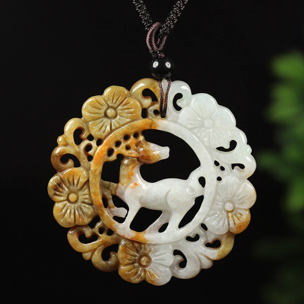 Certified Grade A Red Brown Green Natural Jadeite Jade Pendant Flower Deer - Image 2