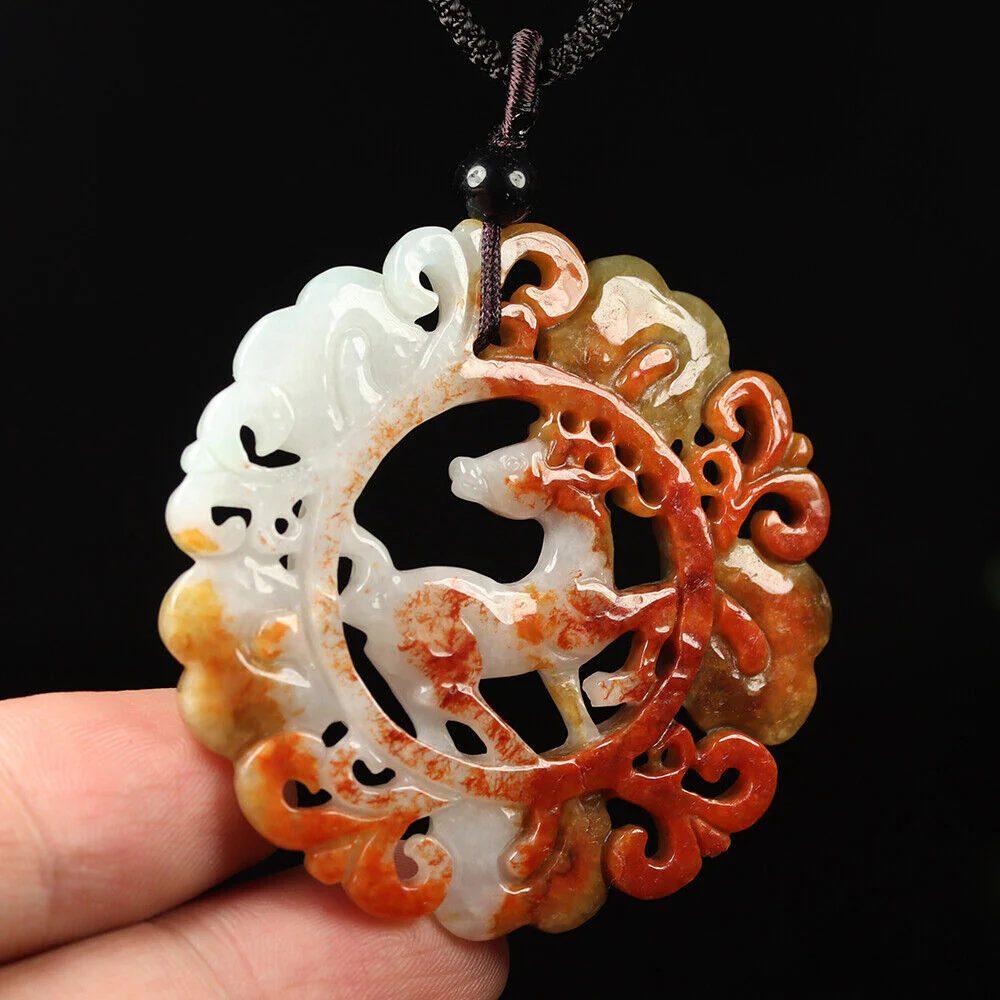 Certified Grade A Red Brown Green Natural Jadeite Jade Pendant Flower Deer - Image 3